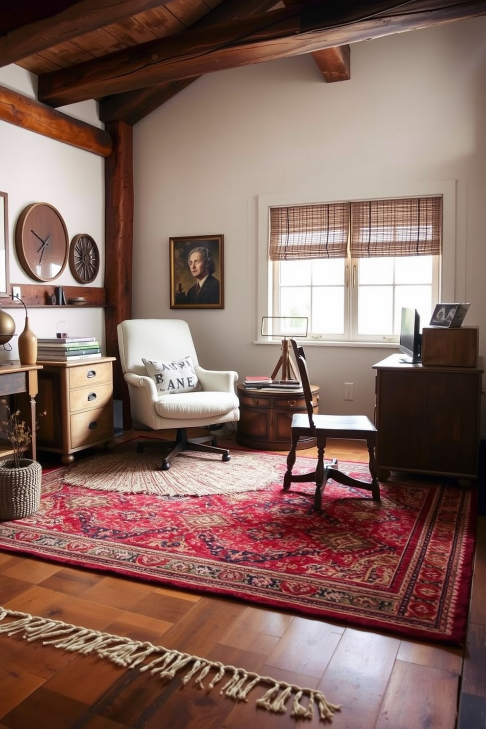 A cozy rustic home office features a large wooden desk with a natural finish and a comfortable leather chair. Textured area rugs in warm earth tones are layered on a hardwood floor, adding softness and inviting warmth to the space.