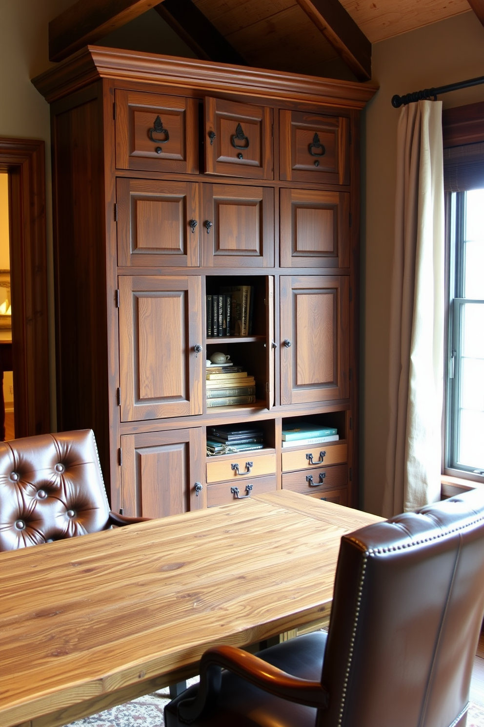 A rustic home office features a sturdy wooden filing cabinet that provides ample storage and functionality. The cabinet is complemented by a reclaimed wood desk, surrounded by vintage leather chairs and warm ambient lighting.