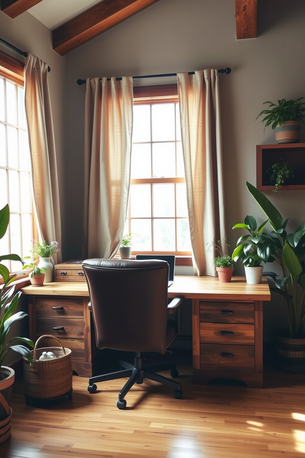 A cozy rustic home office features a large wooden desk made from reclaimed barn wood positioned against a wall. Natural light floods the space through a large window adorned with linen curtains, illuminating the room's warm tones. Potted plants are strategically placed around the room, adding a fresh and vibrant touch. A comfortable leather chair sits at the desk, inviting creativity and productivity in this serene environment.