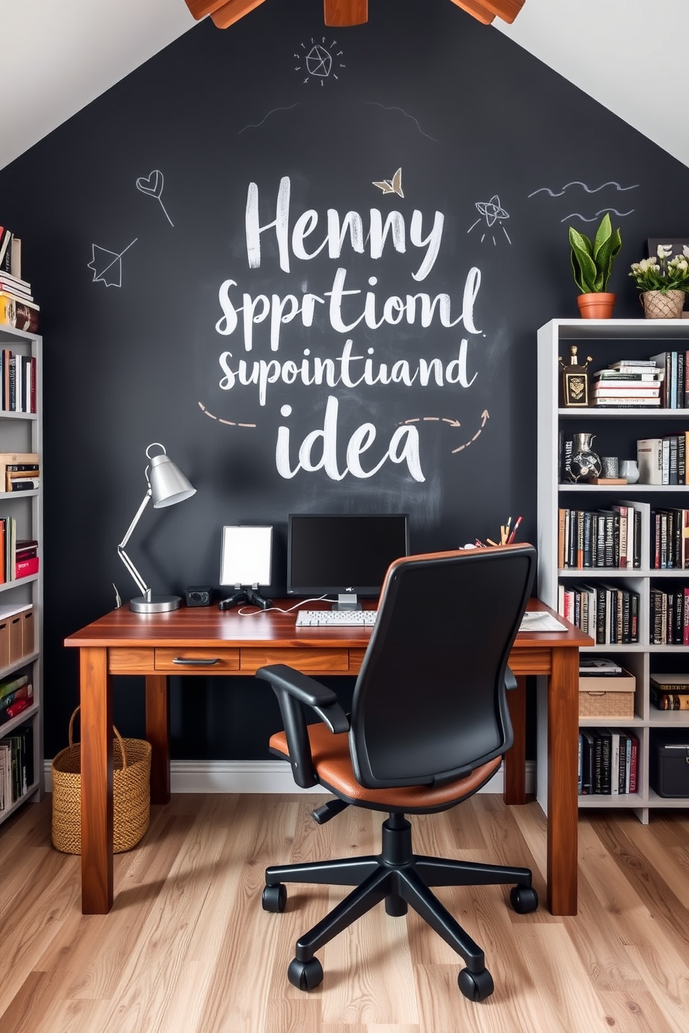 A cozy home office featuring a chalkboard wall that invites creativity and spontaneous ideas. The space includes a sturdy wooden desk paired with a comfortable ergonomic chair, surrounded by shelves filled with books and decorative items.