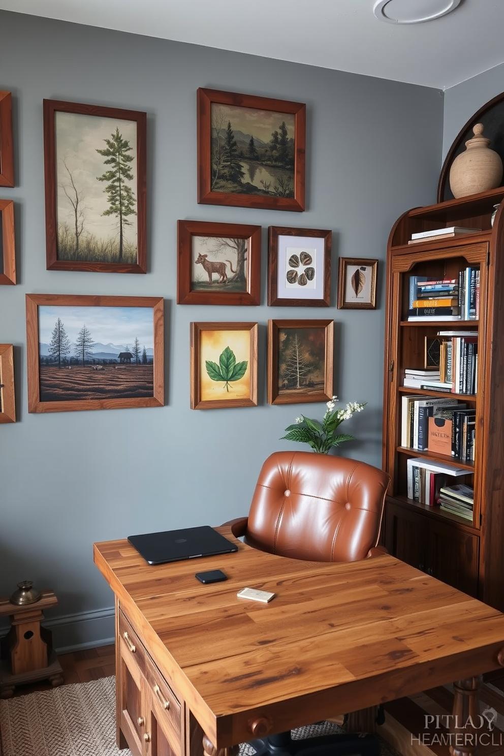 A cozy home office featuring rustic artwork that inspires creativity. The walls are adorned with wooden frames showcasing nature-inspired paintings and handmade crafts. The desk is made of reclaimed wood, paired with a comfortable leather chair. A vintage bookshelf filled with books and decorative items adds character to the space.