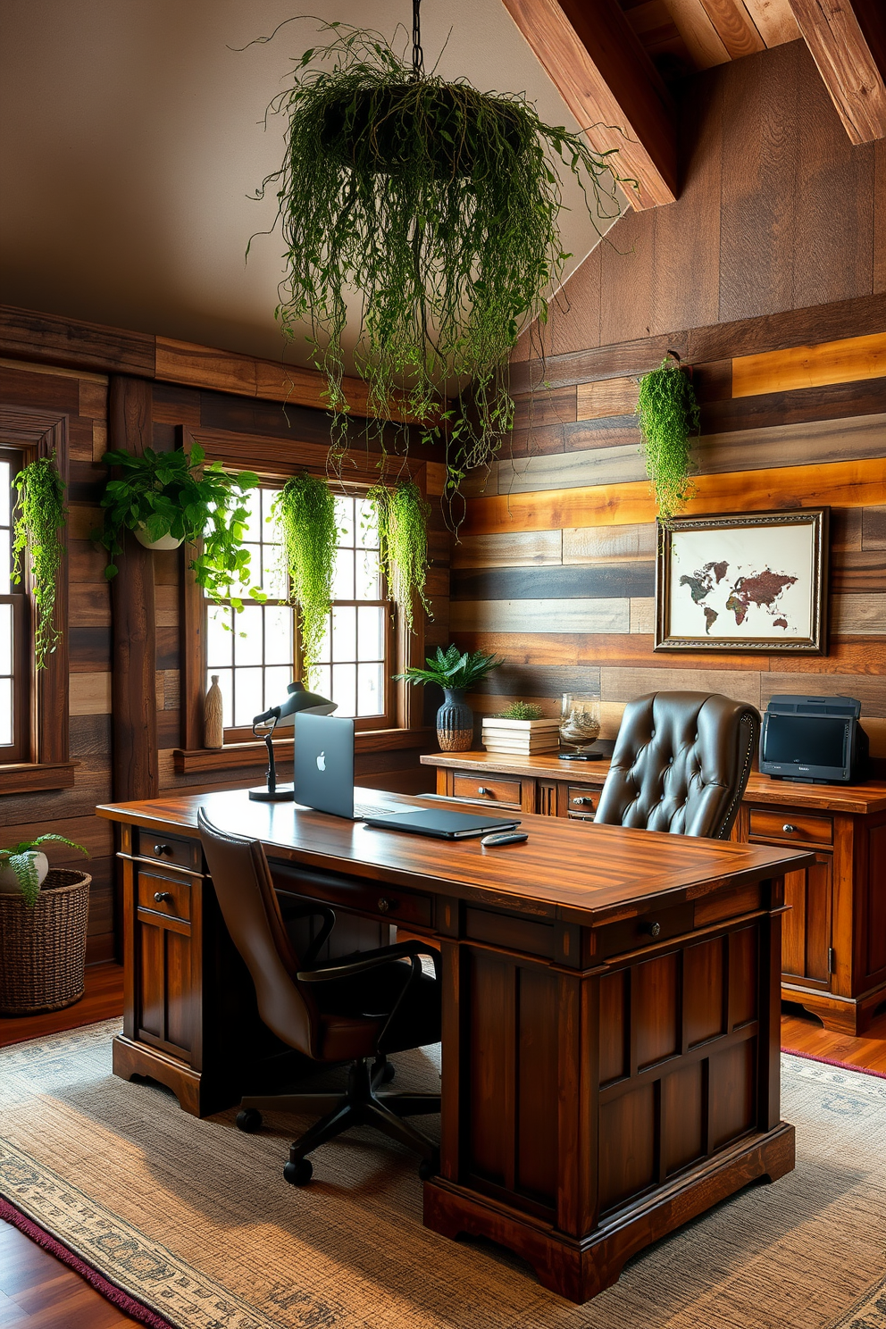 A cozy rustic home office featuring a large wooden desk with a distressed finish and a comfortable leather chair. The walls are adorned with reclaimed wood panels, and hanging plants cascade from the ceiling, adding a natural touch to the warm atmosphere.