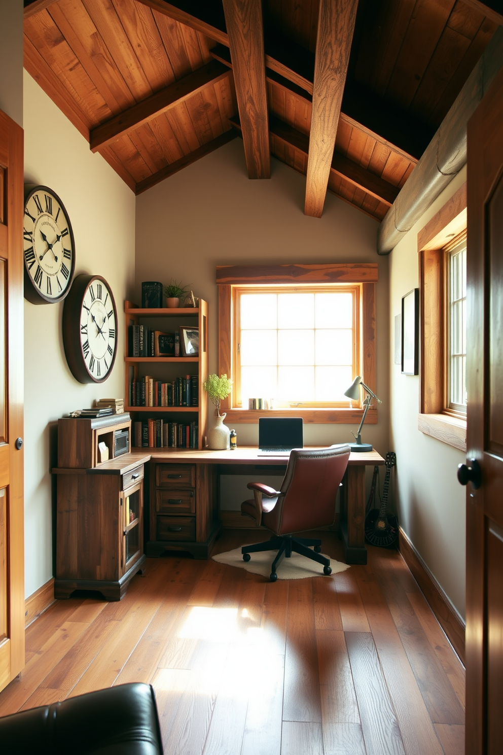 A rustic home office features a sturdy wooden desk with a distressed finish, complemented by a comfortable leather chair. Mason jar organizers are neatly arranged on the desk, filled with pens, paper clips, and other essential office supplies. The walls are adorned with reclaimed wood shelves that hold books and decorative items, creating a warm and inviting atmosphere. A vintage-style rug lies beneath the desk, adding texture and warmth to the space.