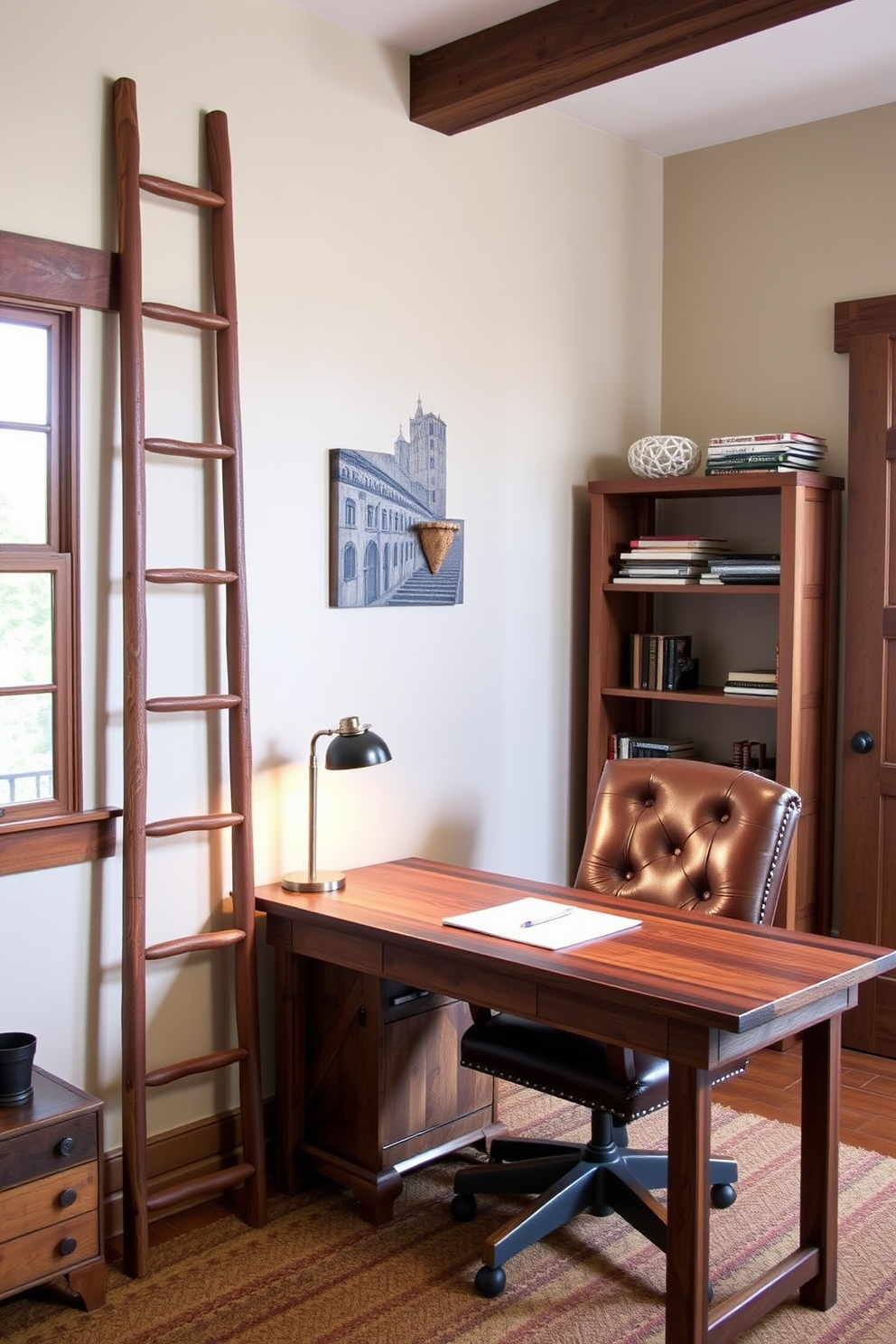 A wooden ladder leans against a wall, serving as a stylish storage solution for books and decorative items. The rustic home office features a reclaimed wood desk paired with a comfortable leather chair, creating a warm and inviting workspace.