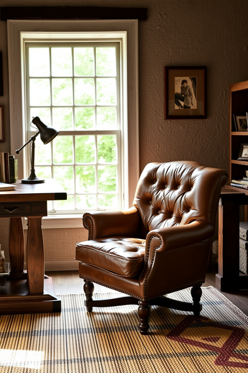 A vintage desk with rich leather accents sits prominently in the center of the room. The desk is complemented by a comfortable leather chair and surrounded by shelves filled with books and decorative items. Natural light floods the space through a large window adorned with simple linen curtains. The walls are painted in a warm taupe, and a patterned area rug adds texture to the wooden floor.