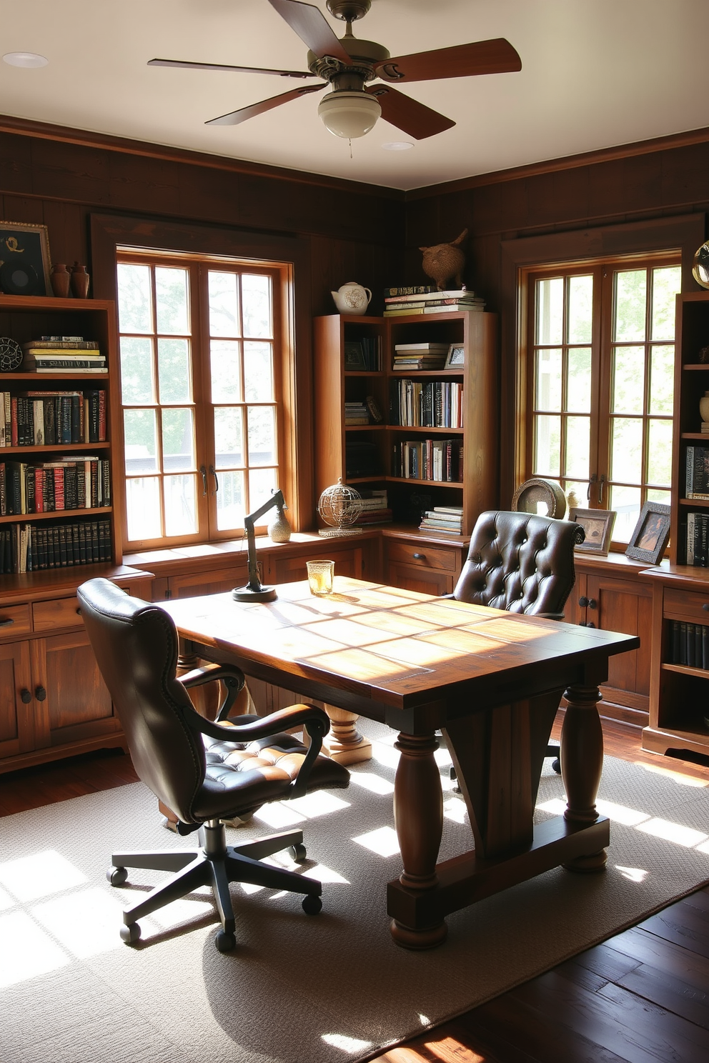 A cozy rustic home office filled with natural light streaming through large windows. The room features a reclaimed wood desk paired with a vintage leather chair, surrounded by shelves filled with books and decorative items.