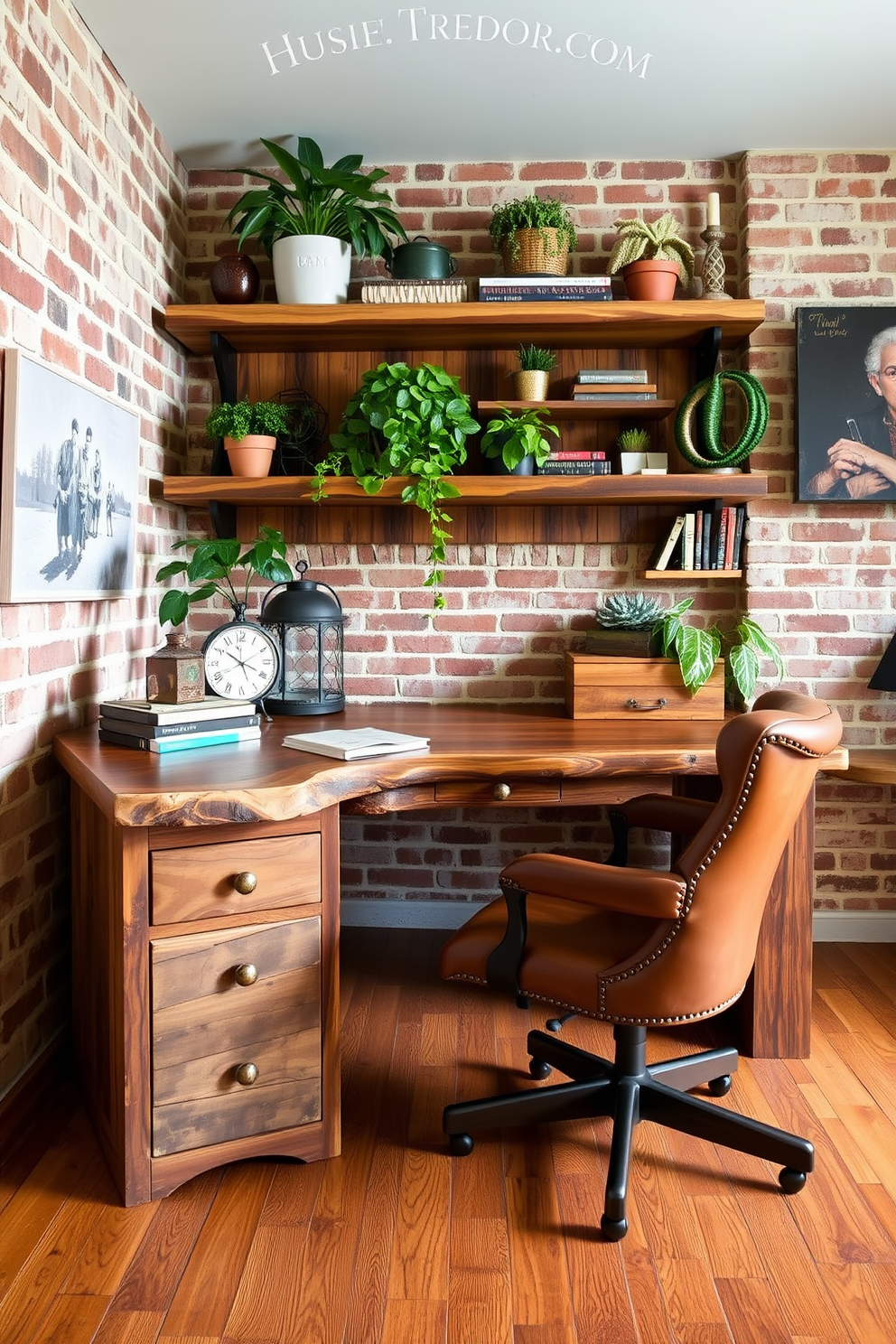 A cozy home office featuring vintage maps as wall art. The walls are adorned with framed antique maps in various sizes, creating a unique focal point in the room. The desk is made of reclaimed wood, paired with a comfortable leather chair. A vintage globe and a stack of old books sit on the desk, adding character and charm to the rustic space.