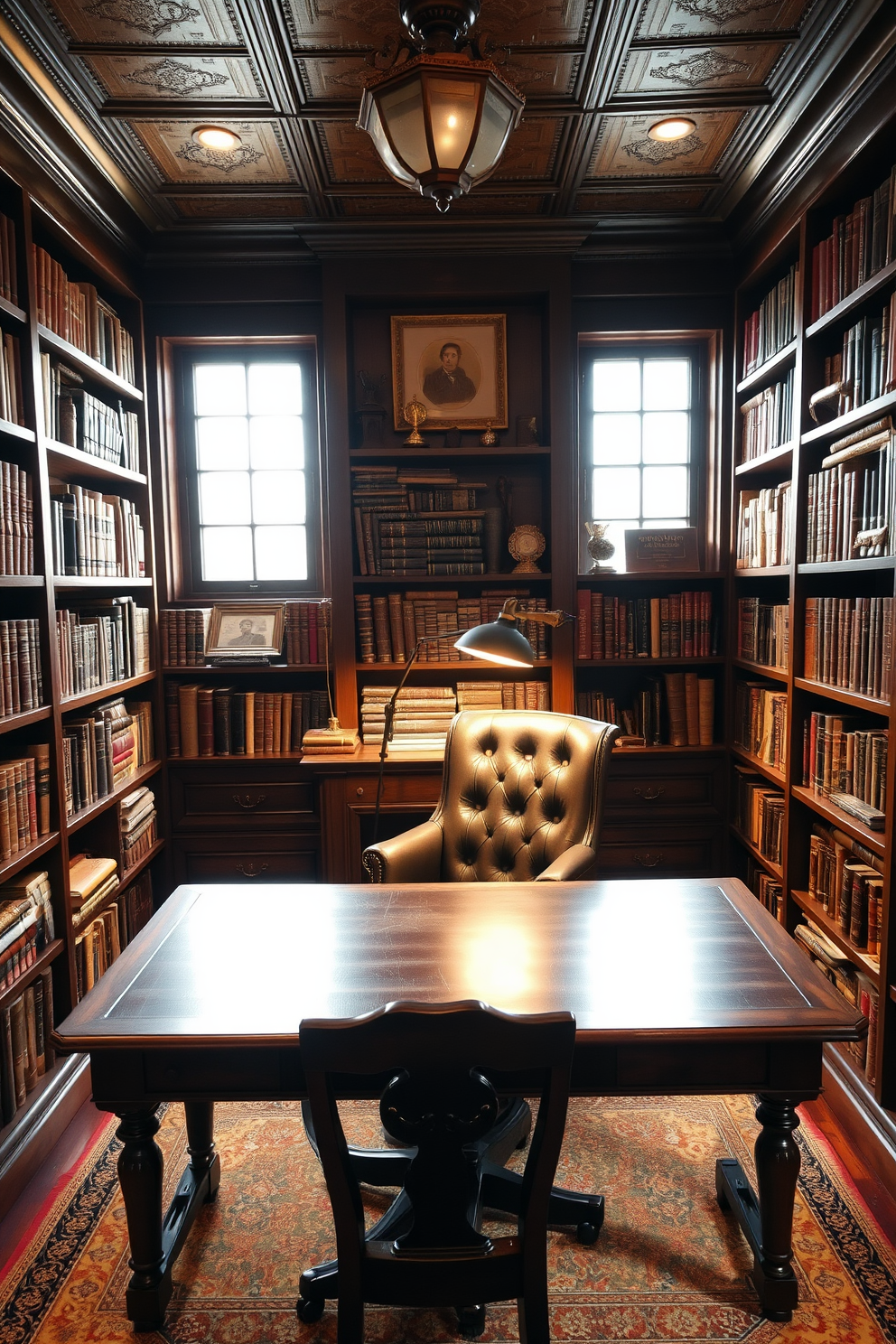 A cozy home office filled with old books creates a scholarly atmosphere. The walls are lined with dark wooden bookshelves brimming with leather-bound volumes and vintage decor. A large wooden desk sits in the center, accompanied by a plush leather chair. Soft, warm lighting from a classic desk lamp illuminates the space, enhancing the inviting ambiance.