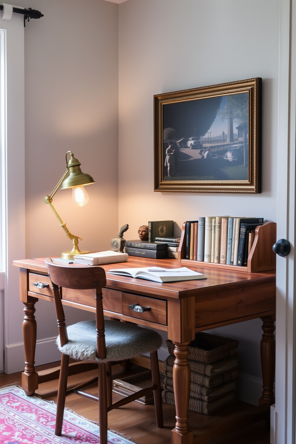 A cozy rustic home office featuring a cedar wood desk that exudes warmth and character. The desk is adorned with a vintage brass lamp and a collection of books, creating an inviting workspace.