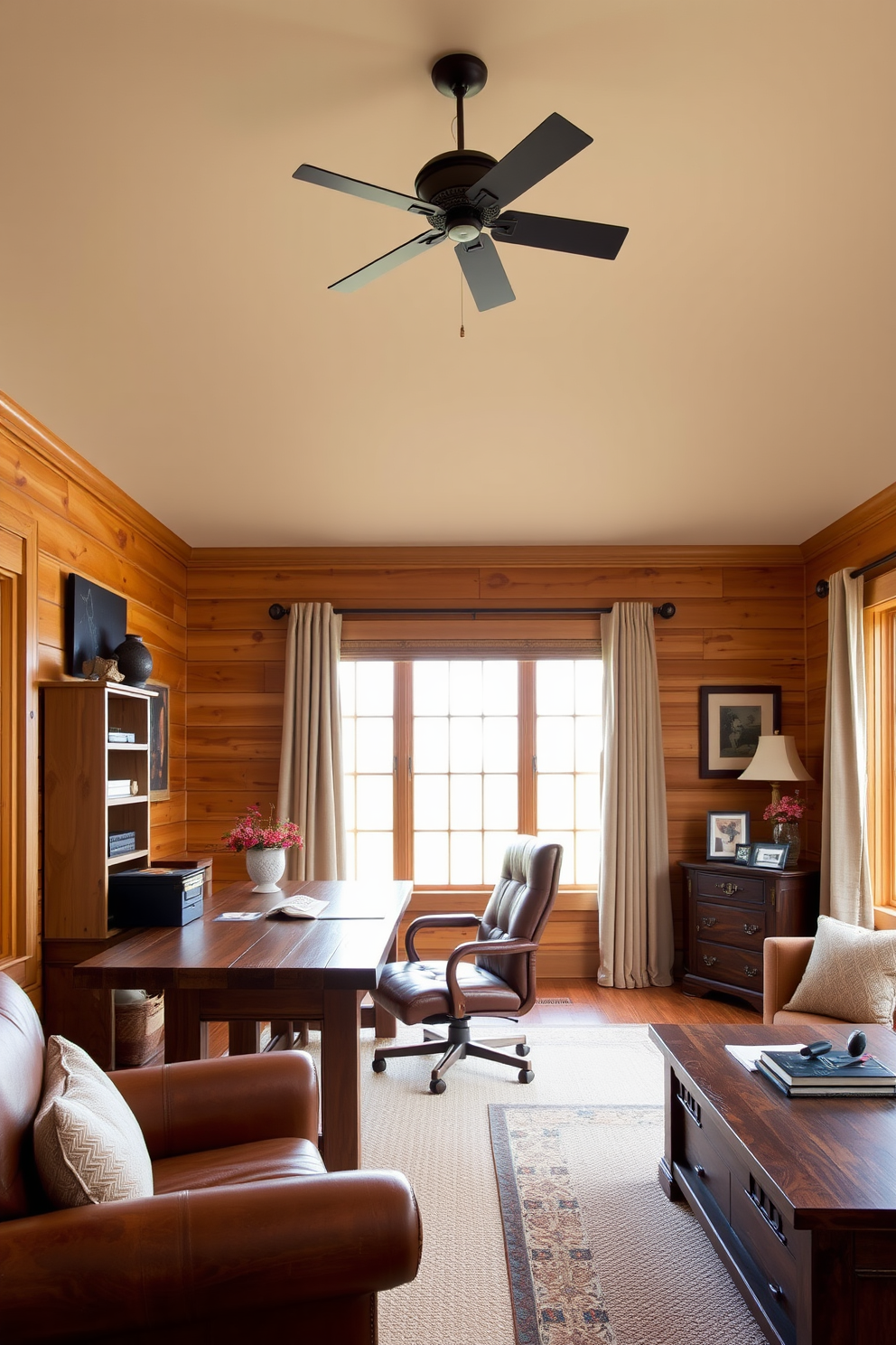 A cozy rustic home office features sturdy wooden furniture with a large reclaimed wood desk and a comfortable leather chair. The walls are adorned with warm-toned wood paneling, and natural light floods the space through large windows dressed with rustic curtain rods and soft fabric drapes.