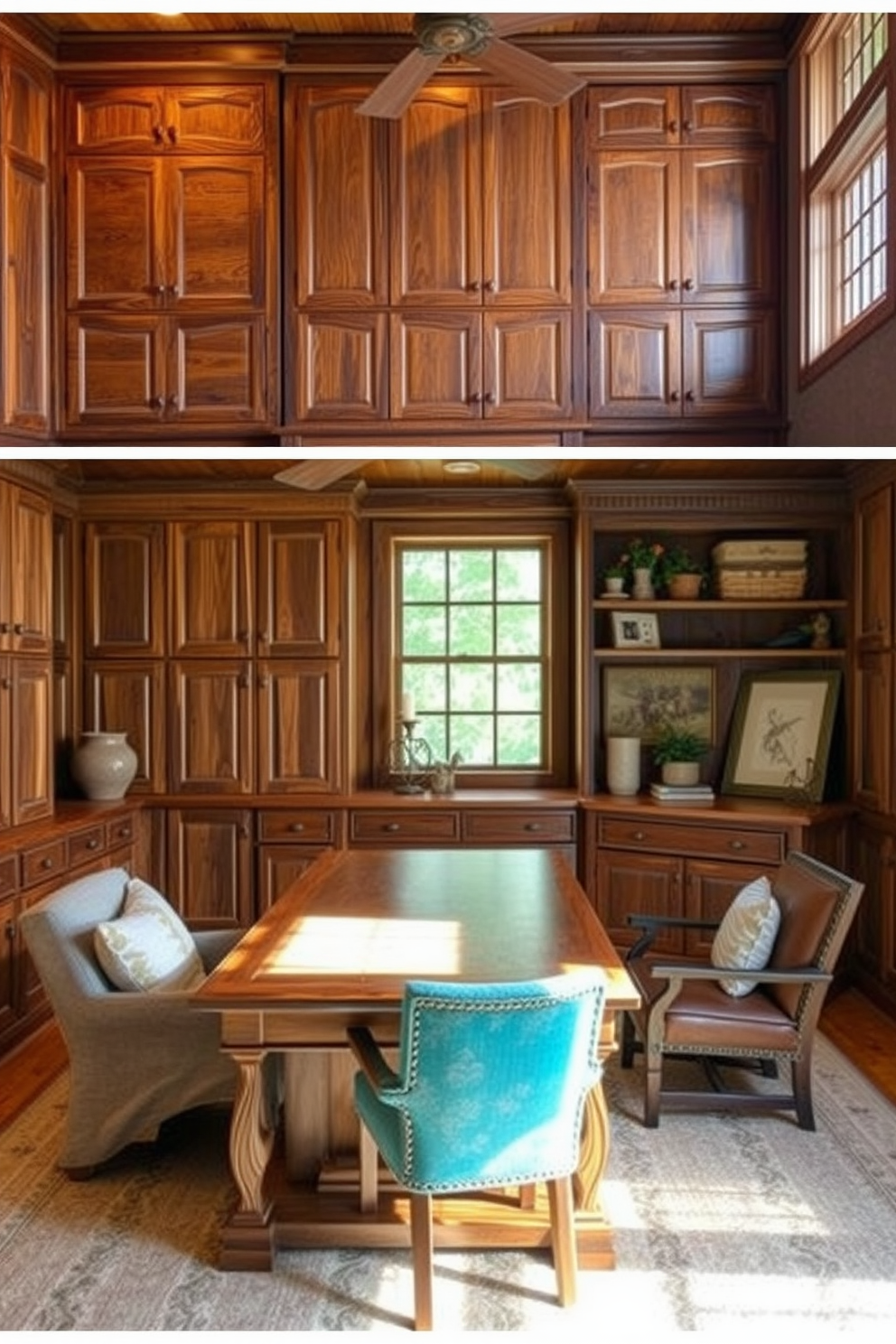 Custom wood cabinetry designed to enhance functionality and style. The rich texture of the wood complements the warm tones of the room, creating an inviting workspace. Rustic home office design featuring reclaimed wood accents and vintage decor. A large wooden desk sits at the center, surrounded by comfortable seating and natural light streaming through a window.