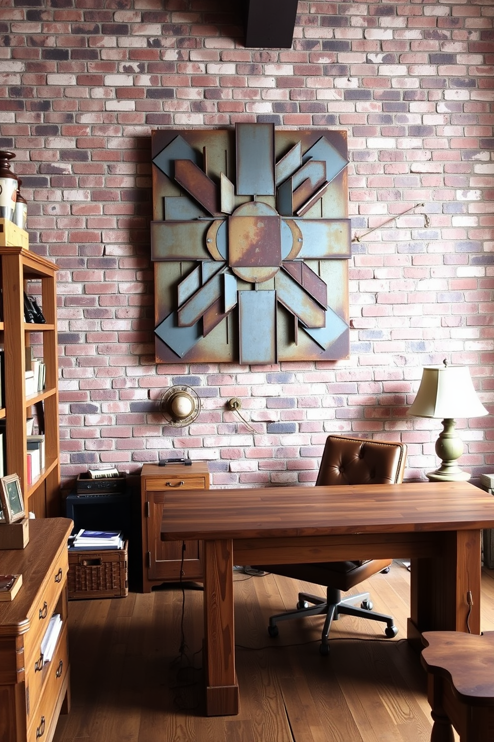 Rustic window treatments with natural fabrics. Soft linen curtains in earthy tones frame the window, allowing gentle light to filter through while enhancing the cozy atmosphere. Rustic home office design ideas. A reclaimed wood desk sits against a wall adorned with vintage-inspired shelving, showcasing books and personal mementos in a warm, inviting space.