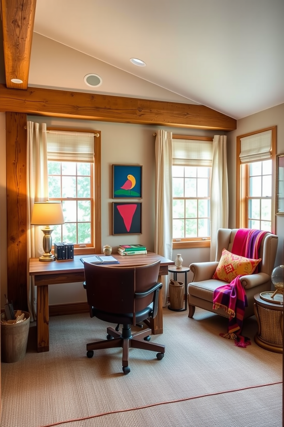 Old books are artfully stacked on a reclaimed wooden shelf, adding a touch of vintage charm to the space. A cozy leather chair sits beneath a large window, where natural light floods the room, enhancing the warm tones of the rustic decor. The walls are adorned with framed black and white photographs, creating a gallery-like feel that invites creativity. A wooden desk with a distressed finish anchors the room, complemented by a soft area rug that adds texture and warmth.