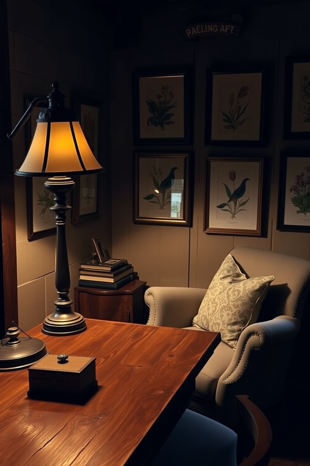 A rustic home office features an antique desk lamp that casts a warm glow over a reclaimed wood desk. The walls are adorned with vintage botanical prints, and a cozy armchair sits in the corner, inviting relaxation and creativity.