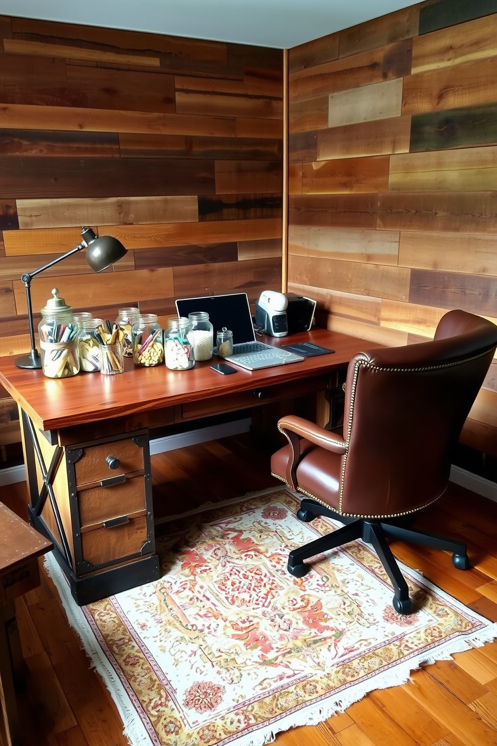 A cozy rustic home office featuring a large wooden desk with a distressed finish and metal accents. Glass jars filled with office supplies are neatly arranged on the desk, adding both functionality and charm to the space. The walls are adorned with reclaimed wood panels, creating a warm and inviting atmosphere. A comfortable leather chair complements the natural elements, while a vintage rug adds a touch of color to the wooden floor.