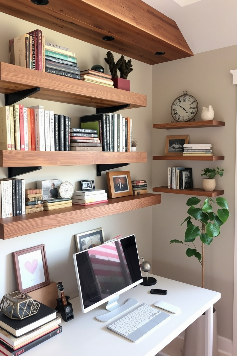 A cozy home office featuring reclaimed wood shelves mounted on the walls for storage. The shelves are filled with books and decorative items, creating a warm and inviting atmosphere.