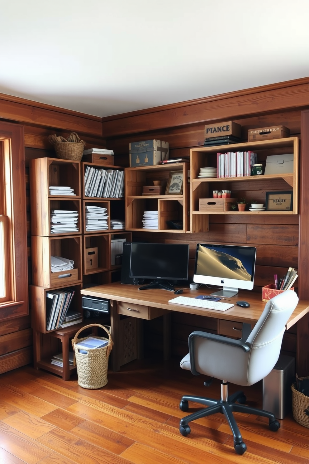 A comfortable armchair upholstered in soft fabric sits in a cozy corner of the home office. Natural light streams in through a nearby window, highlighting the warm wooden desk and shelves filled with books. The rustic home office features exposed wooden beams and a stone accent wall. Vintage decor elements, such as an antique clock and a leather-bound journal, add character to the space.