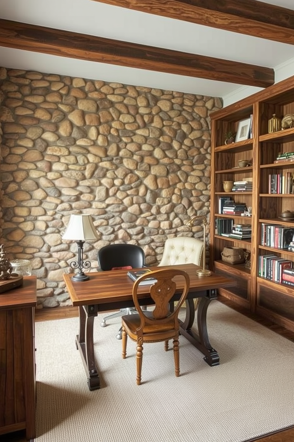 A cozy home office featuring a large antique wooden desk with intricate carvings paired with a sleek modern ergonomic chair. The walls are adorned with framed vintage maps and contemporary art, creating a harmonious blend of old and new. Natural light floods the space through a large window, illuminating a rustic wooden bookshelf filled with books and decorative items. A soft area rug in neutral tones anchors the room, while potted plants add a touch of greenery and warmth.