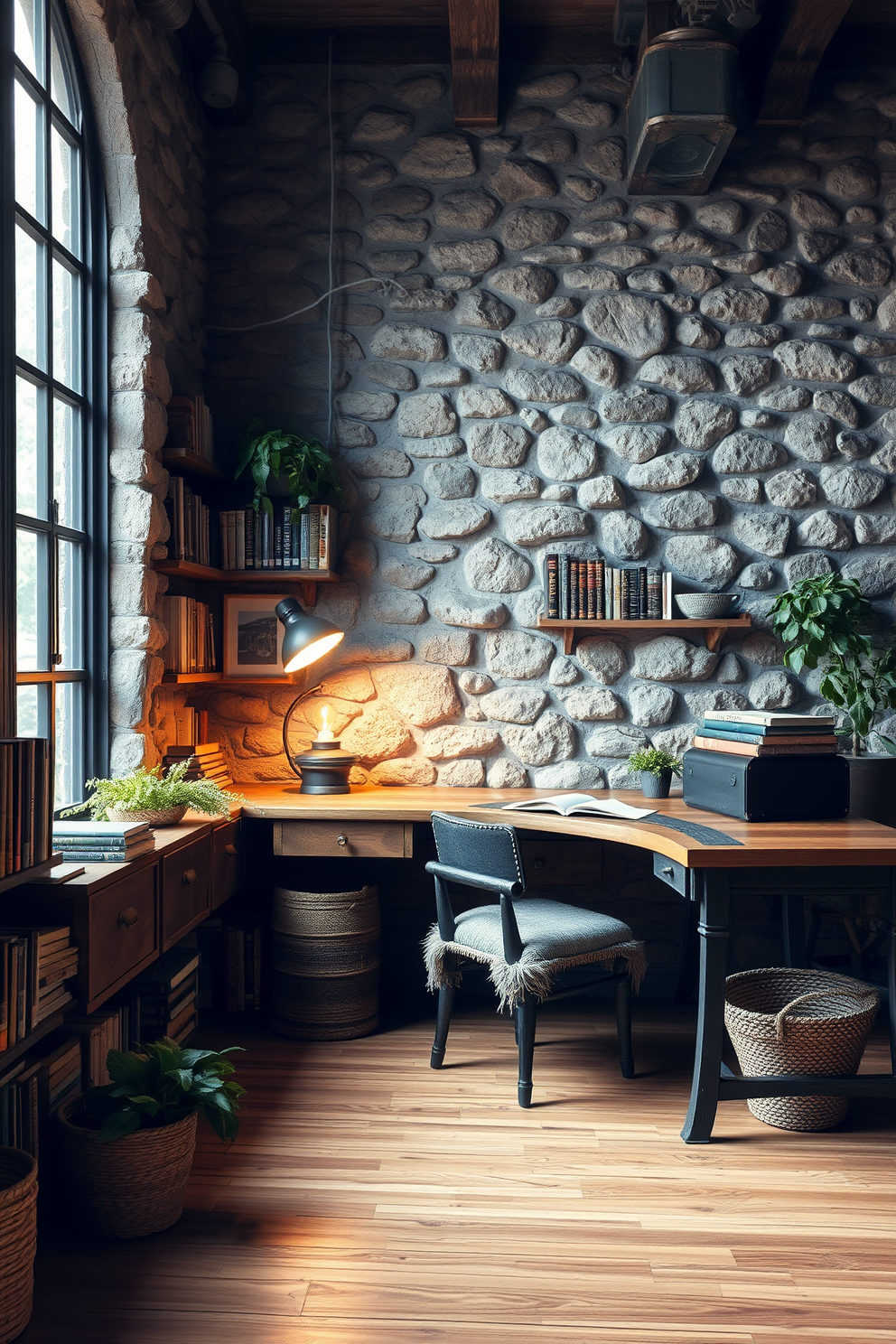 Cozy reading nook with armchair. A plush armchair is positioned near a large window, surrounded by shelves filled with books. Rustic home office design ideas. A reclaimed wood desk sits against a stone wall, complemented by vintage lighting and greenery for a warm atmosphere.