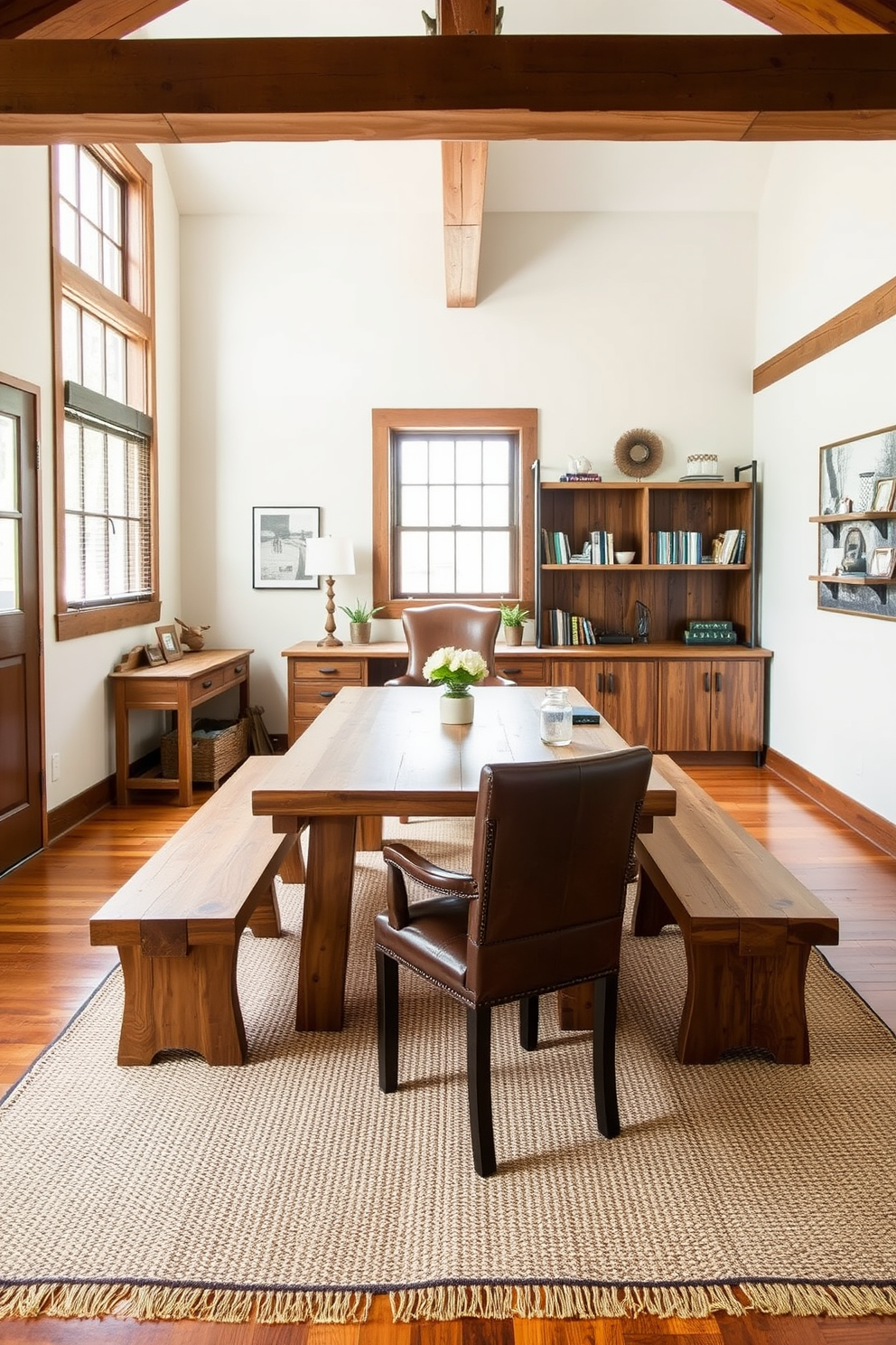 A farmhouse style table made of reclaimed wood sits at the center of the room surrounded by matching benches. The space features exposed wooden beams and a large window that lets in natural light, enhancing the cozy atmosphere. The rustic home office design includes a sturdy wooden desk with a distressed finish and a comfortable leather chair. Shelves made from reclaimed wood display books and decorative items, while a woven rug adds warmth to the hardwood floor.