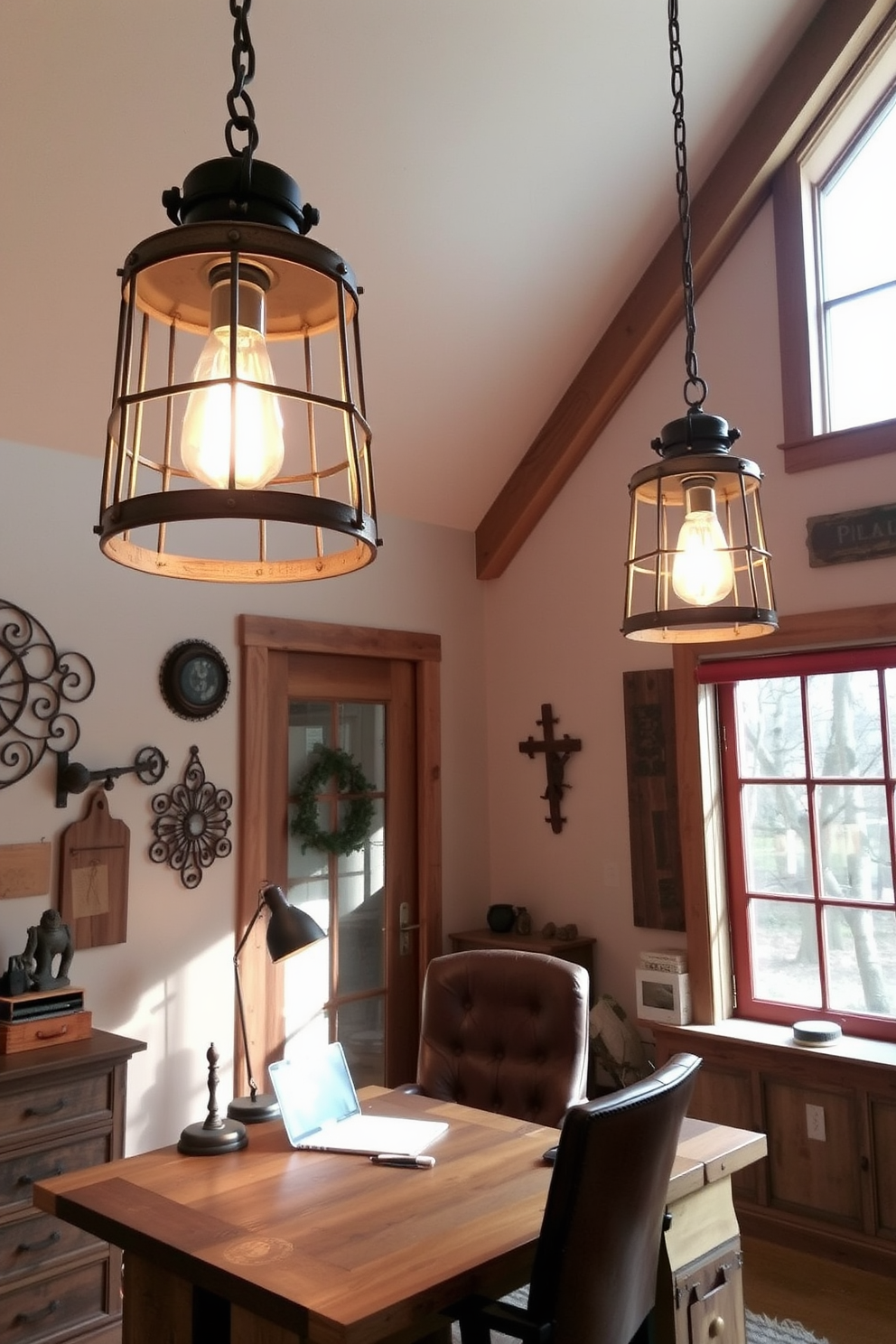 Rustic pendant lights hang from the ceiling, casting a warm glow over the workspace. The lights are made of distressed metal with exposed bulbs, complementing the natural wood elements in the room. A cozy home office features a reclaimed wood desk paired with a vintage leather chair. The walls are adorned with rustic decor, and a large window allows natural light to fill the space.