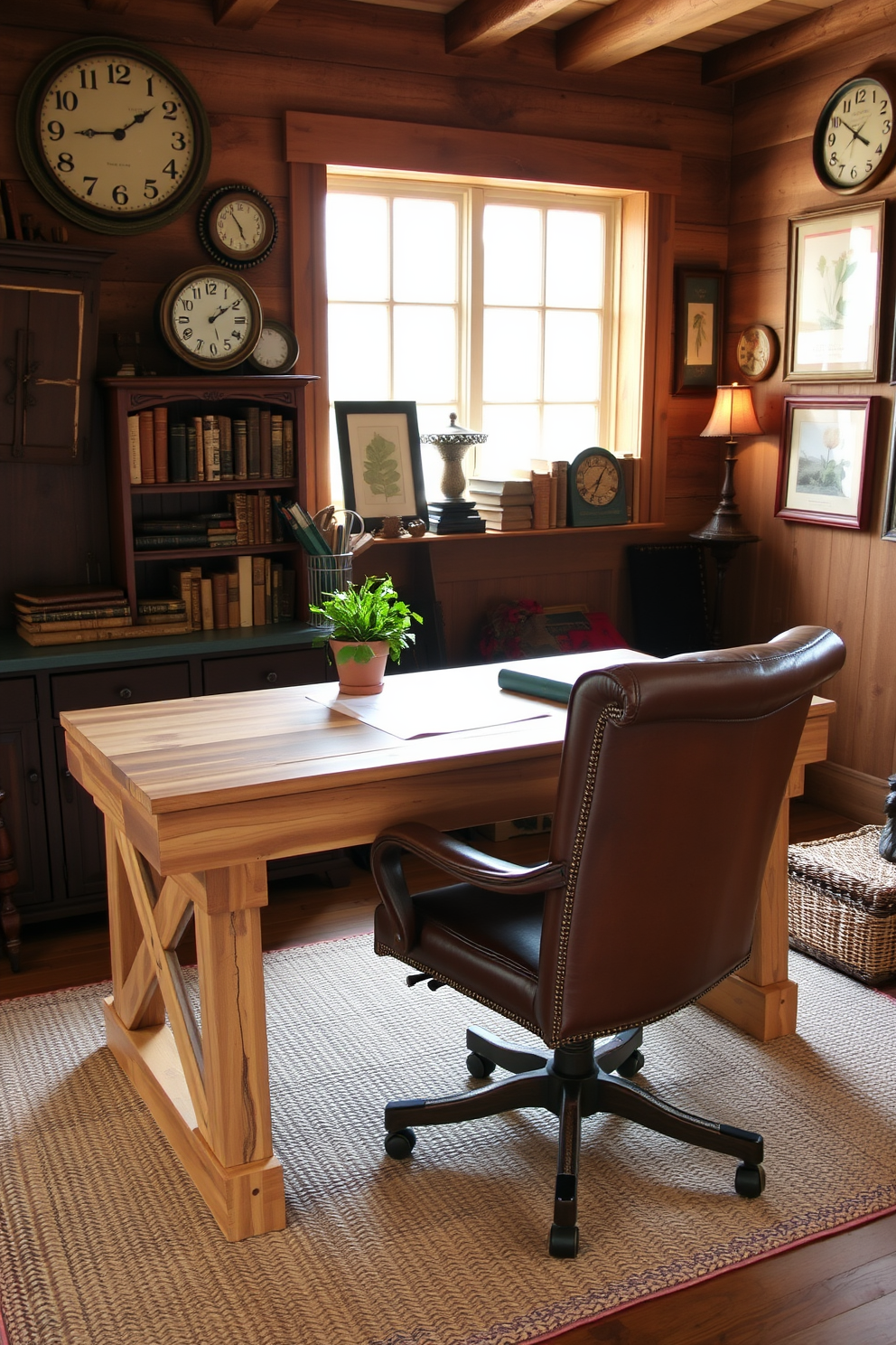 A cozy farmhouse style dining table serves as a desk in a rustic home office. The table is made of reclaimed wood with a natural finish, surrounded by mismatched vintage chairs that add character to the space. Soft, warm lighting illuminates the room, creating an inviting atmosphere. Shelves made from distressed wood are filled with books and decorative items, enhancing the rustic charm of the office.