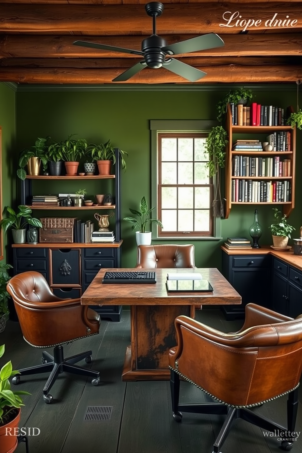 A rustic home office featuring an earthy color palette with various shades of green. The room includes a reclaimed wood desk, surrounded by vintage leather chairs and shelves filled with plants and books.