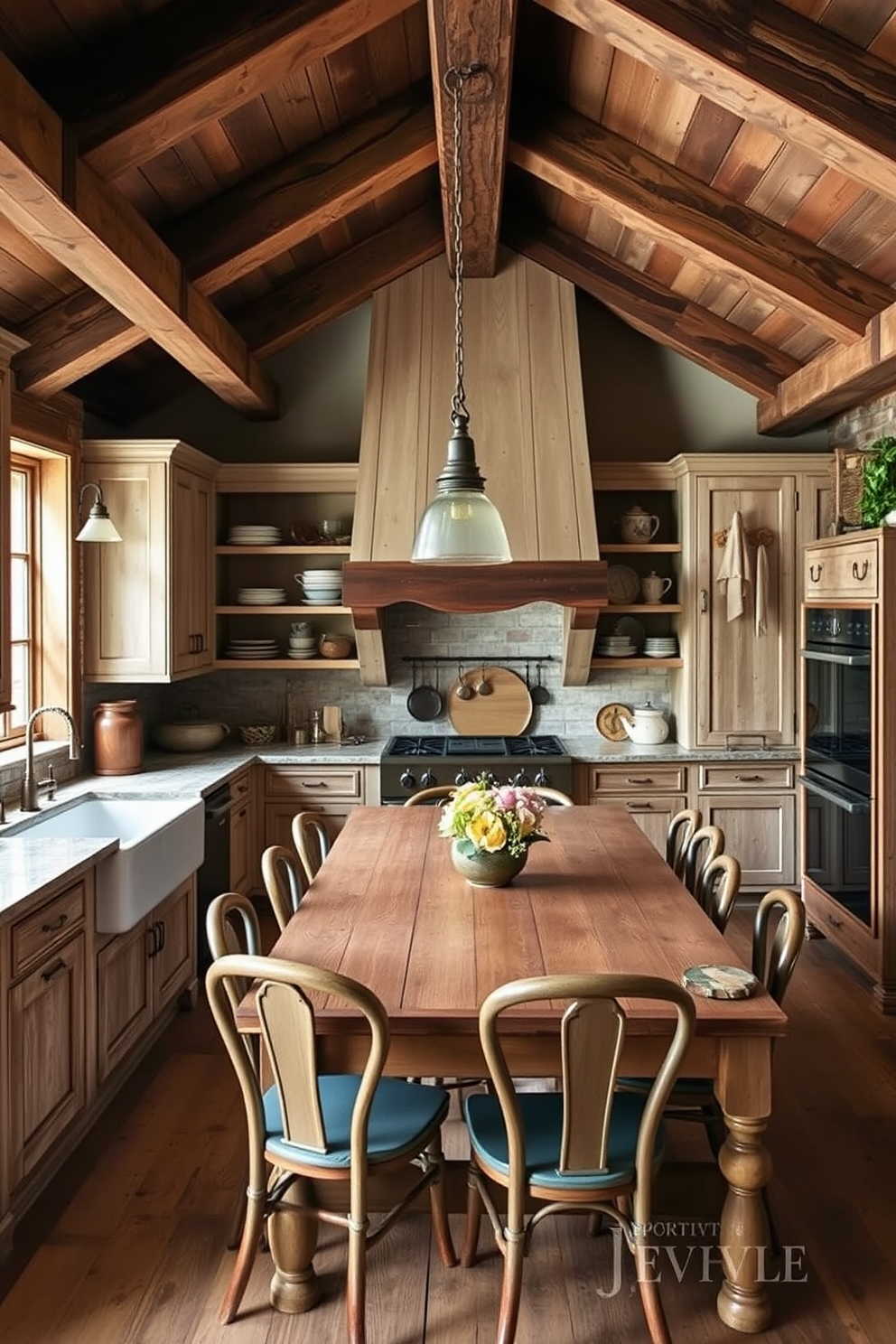 A rustic kitchen designed with reclaimed wood beams accenting the ceiling creates a warm and inviting atmosphere. The cabinetry features a distressed finish, complemented by a large farmhouse sink and vintage-style fixtures. Natural stone countertops enhance the earthy feel, while open shelving displays charming dishware and rustic decor. A large wooden dining table sits at the center, surrounded by mismatched chairs for a cozy, lived-in look.