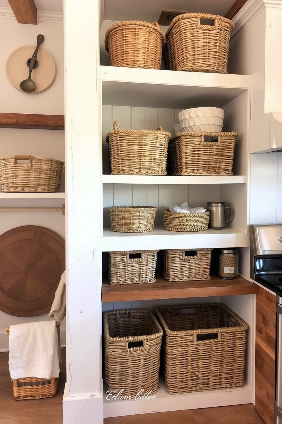 A rustic kitchen setting featuring woven baskets for organized storage. The baskets are neatly arranged on open shelves, adding warmth and texture to the space.