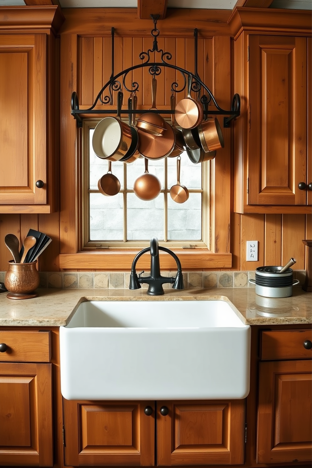 A rustic kitchen featuring warm wooden cabinetry with a distressed finish. Copper pots and pans hang from a wrought iron rack above a large farmhouse sink, adding a classic touch to the space.