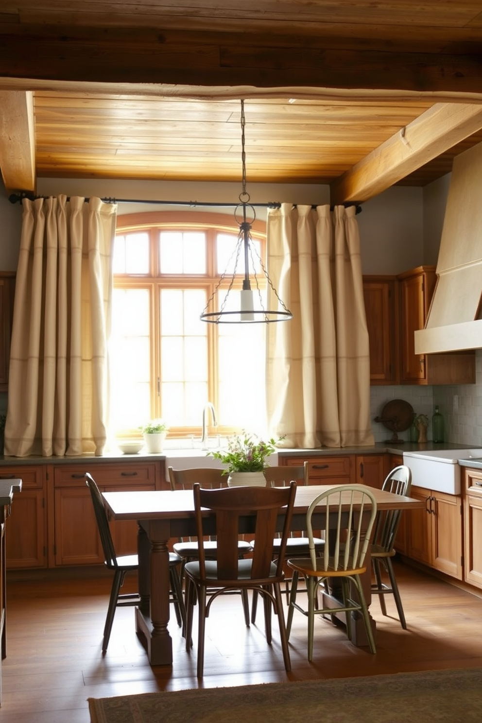 Textured linen curtains drape elegantly over a wide window, allowing soft natural light to filter into the space. The neutral tones of the curtains complement the warm wooden cabinetry and rustic charm of the kitchen. The kitchen features exposed wooden beams and a farmhouse sink, creating a cozy and inviting atmosphere. A large wooden dining table sits at the center, surrounded by mismatched chairs that add to the rustic appeal.