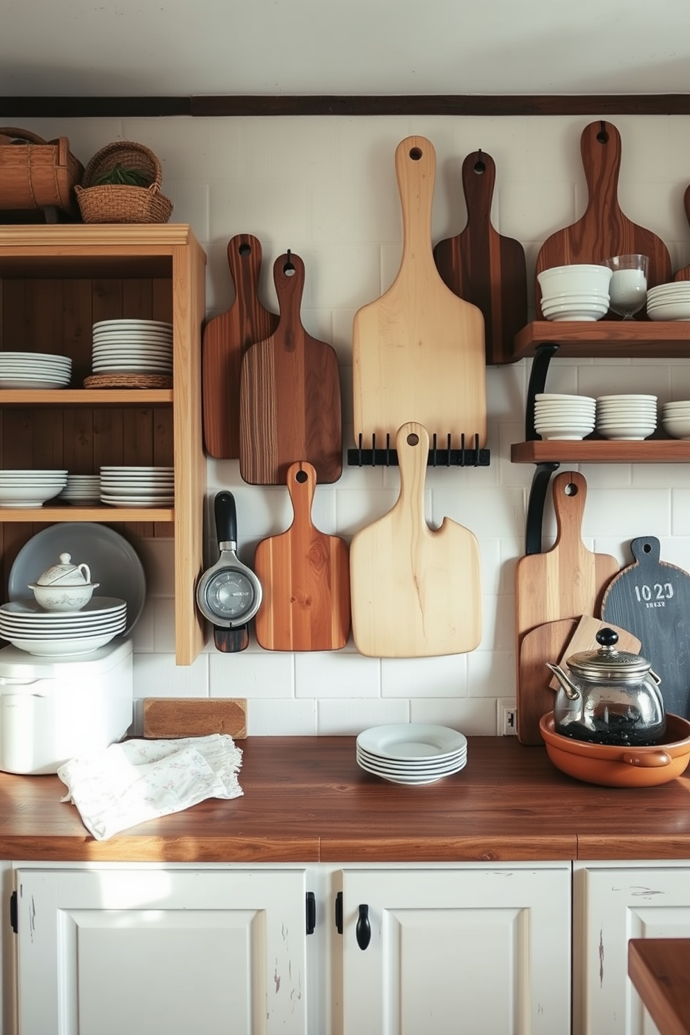 A rustic kitchen featuring wooden cutting boards artfully arranged as wall decor. The warm tones of the wood complement the farmhouse-style cabinetry and open shelving filled with vintage dishware.