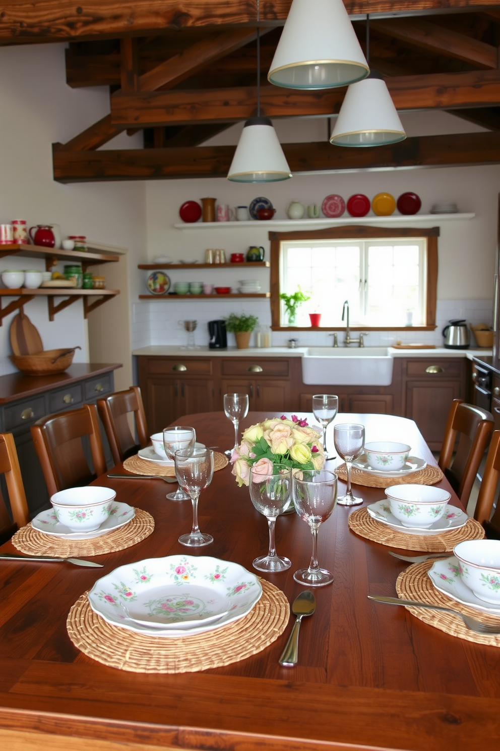 Farmhouse style tableware for rustic charm. The table is set with hand-painted ceramic plates, mismatched vintage cutlery, and woven placemats, creating a warm and inviting atmosphere. Rustic kitchen design ideas. The kitchen features exposed wooden beams, a farmhouse sink, and open shelving displaying colorful dishware, complemented by a large wooden dining table at the center.