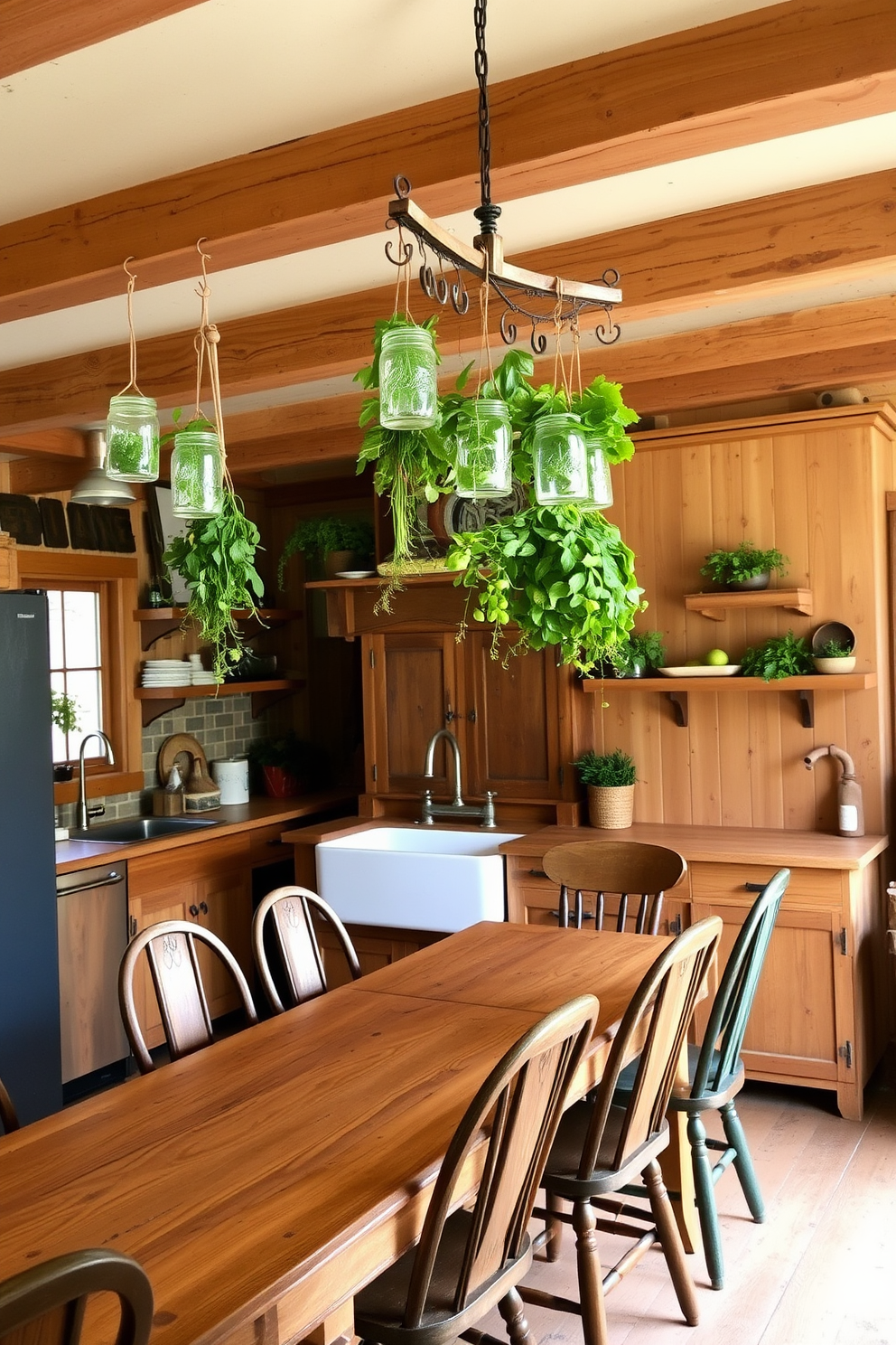 A rustic kitchen filled with charm. Hanging herbs in mason jars are suspended from wooden beams, adding a touch of greenery to the warm atmosphere. The kitchen features a large farmhouse sink and reclaimed wood cabinets. A wooden dining table sits in the center, surrounded by mismatched chairs that enhance the cozy, inviting feel.