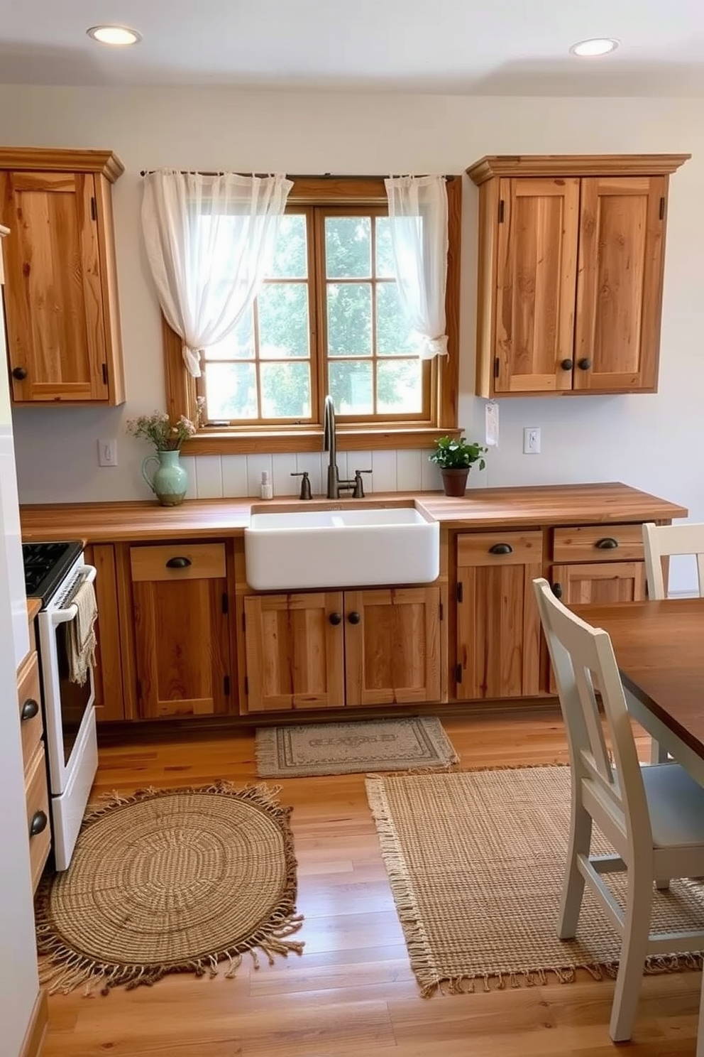 A rustic kitchen setting featuring natural wood cabinetry with a distressed finish. The countertops are made of reclaimed wood, and a large farmhouse sink sits beneath a window framed with sheer white curtains. Natural fiber rugs are placed strategically in front of the sink and dining area, adding warmth and texture to the space. The walls are painted in a soft cream color, complementing the earthy tones of the cabinetry and flooring.