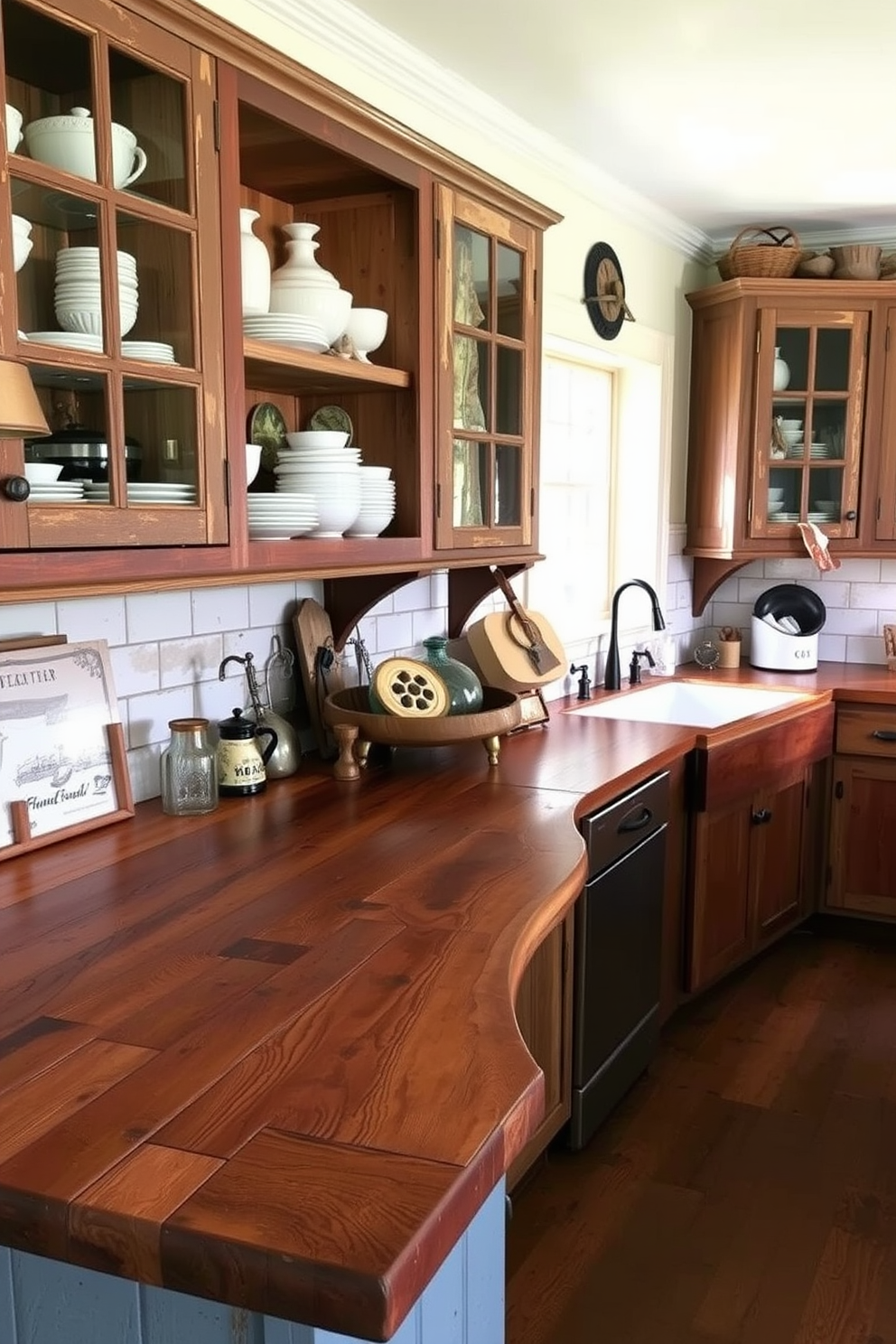 A rustic kitchen setting featuring salvaged wood countertops that showcase unique textures and grains. The cabinetry is a mix of distressed finishes with open shelving displaying vintage dishware and rustic decor.