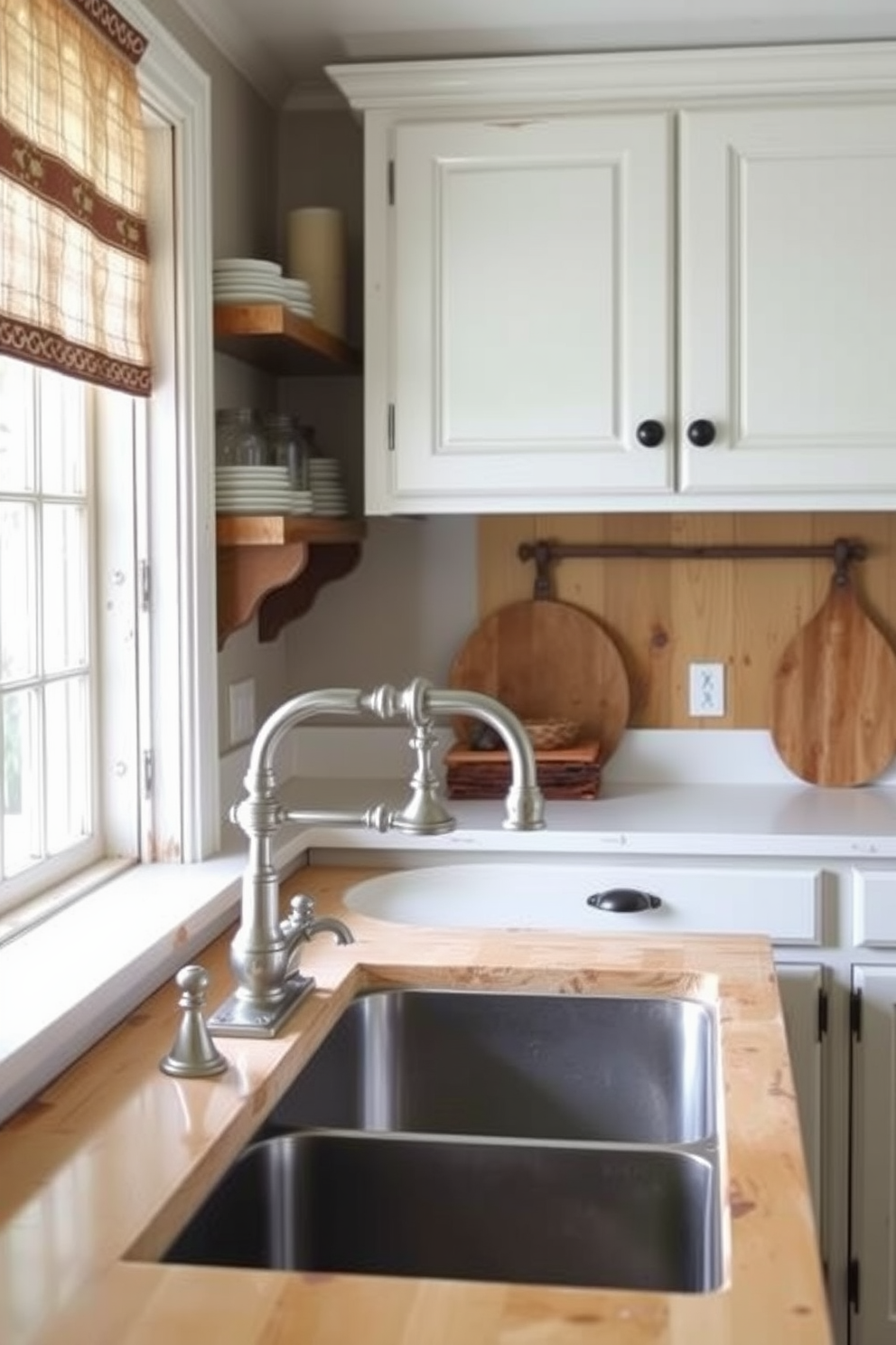 A rustic kitchen featuring a farmhouse sink with a vintage faucet. The cabinetry is made of reclaimed wood, complemented by open shelving displaying handmade pottery.