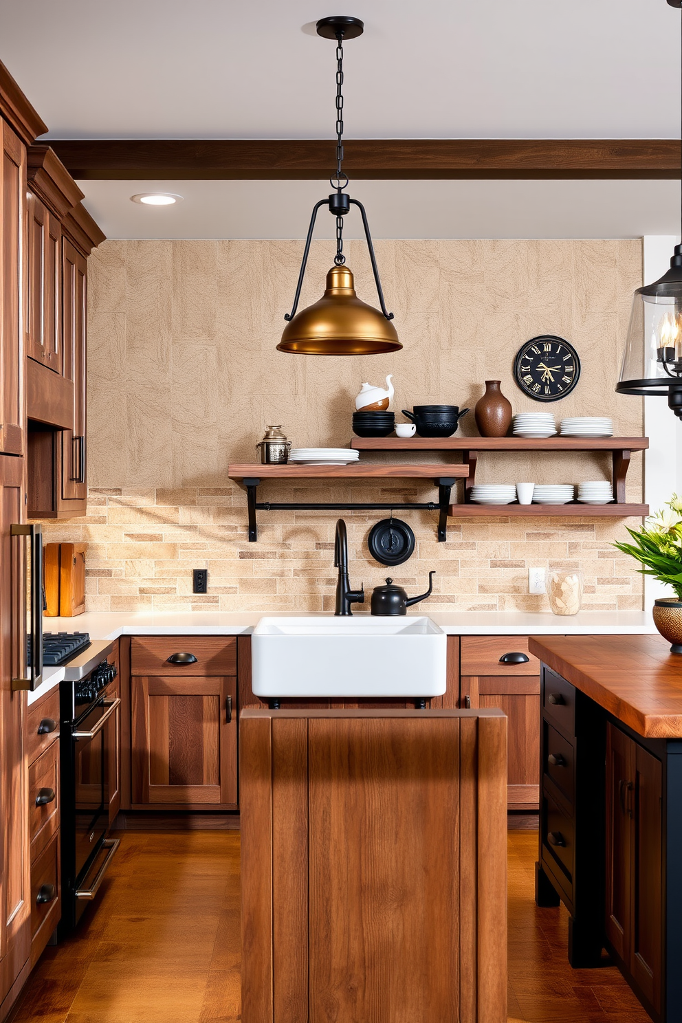 A rustic kitchen featuring metal accents in bronze and black finishes. The cabinetry is made of reclaimed wood with a distressed finish, complemented by a farmhouse sink and a large island with a butcher block top. Hanging pendant lights with a bronze finish illuminate the space, while open shelving displays vintage dishware. The backsplash consists of textured tiles in earthy tones, enhancing the warm and inviting atmosphere of the kitchen.