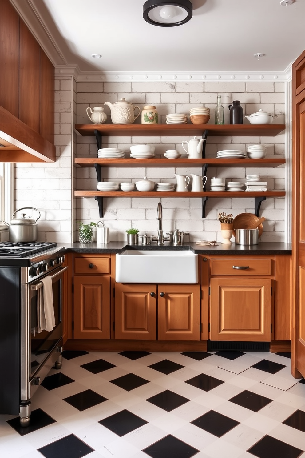 A rustic kitchen featuring classic checkerboard flooring in black and white. The space is adorned with wooden cabinets and a farmhouse sink, complemented by open shelving displaying vintage dishware.