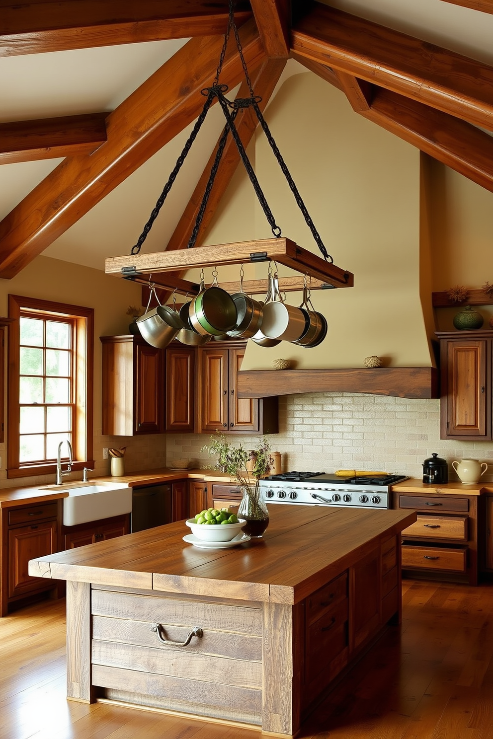 A rustic pot rack hangs elegantly above a spacious kitchen island made of reclaimed wood. The warm tones of the wooden beams and cabinetry complement the earthy color palette, creating a cozy and inviting atmosphere.