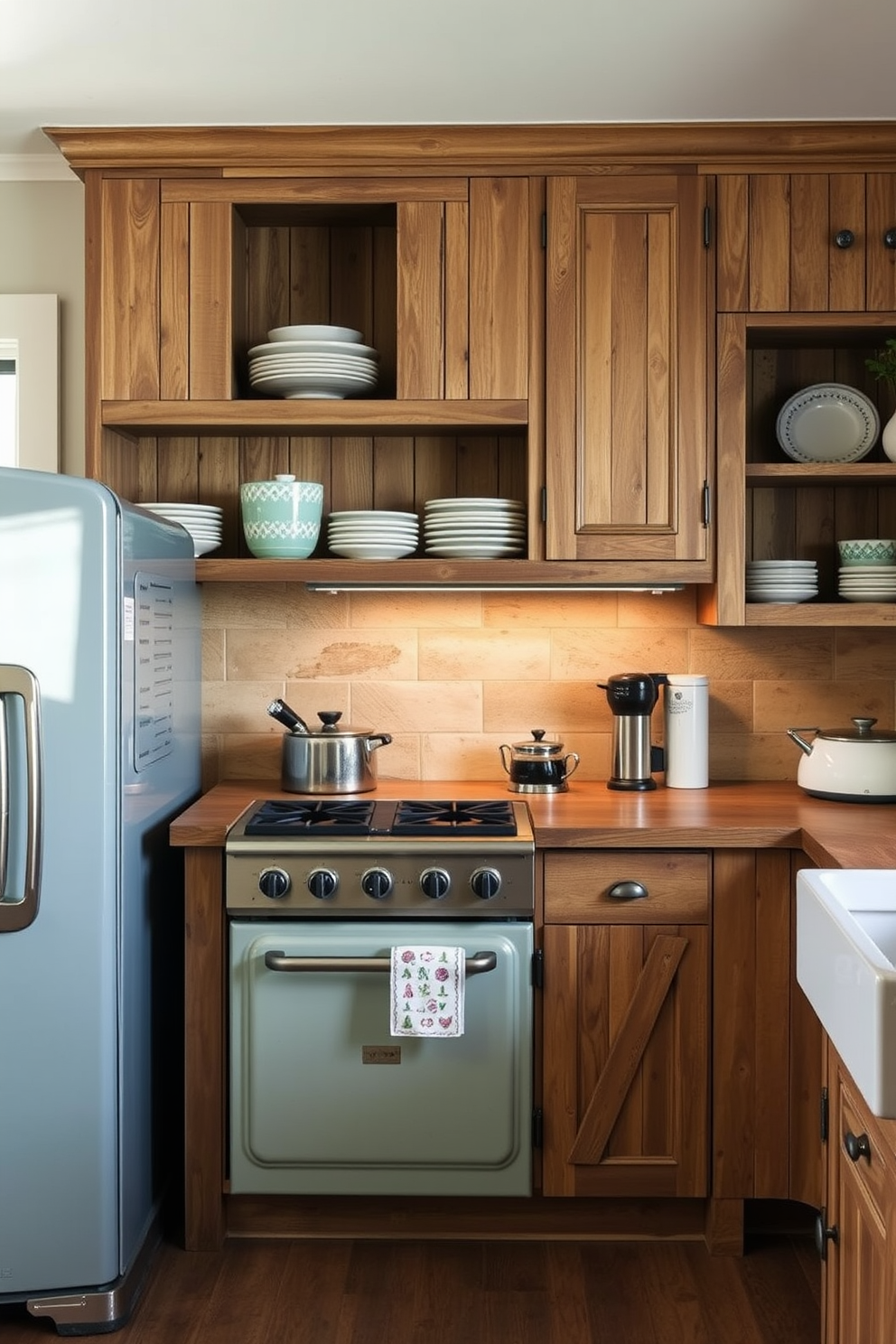 A rustic kitchen featuring heritage style appliances with retro flair. The cabinetry is made of reclaimed wood with a distressed finish, complemented by vintage-inspired hardware and open shelving displaying artisanal dishware.