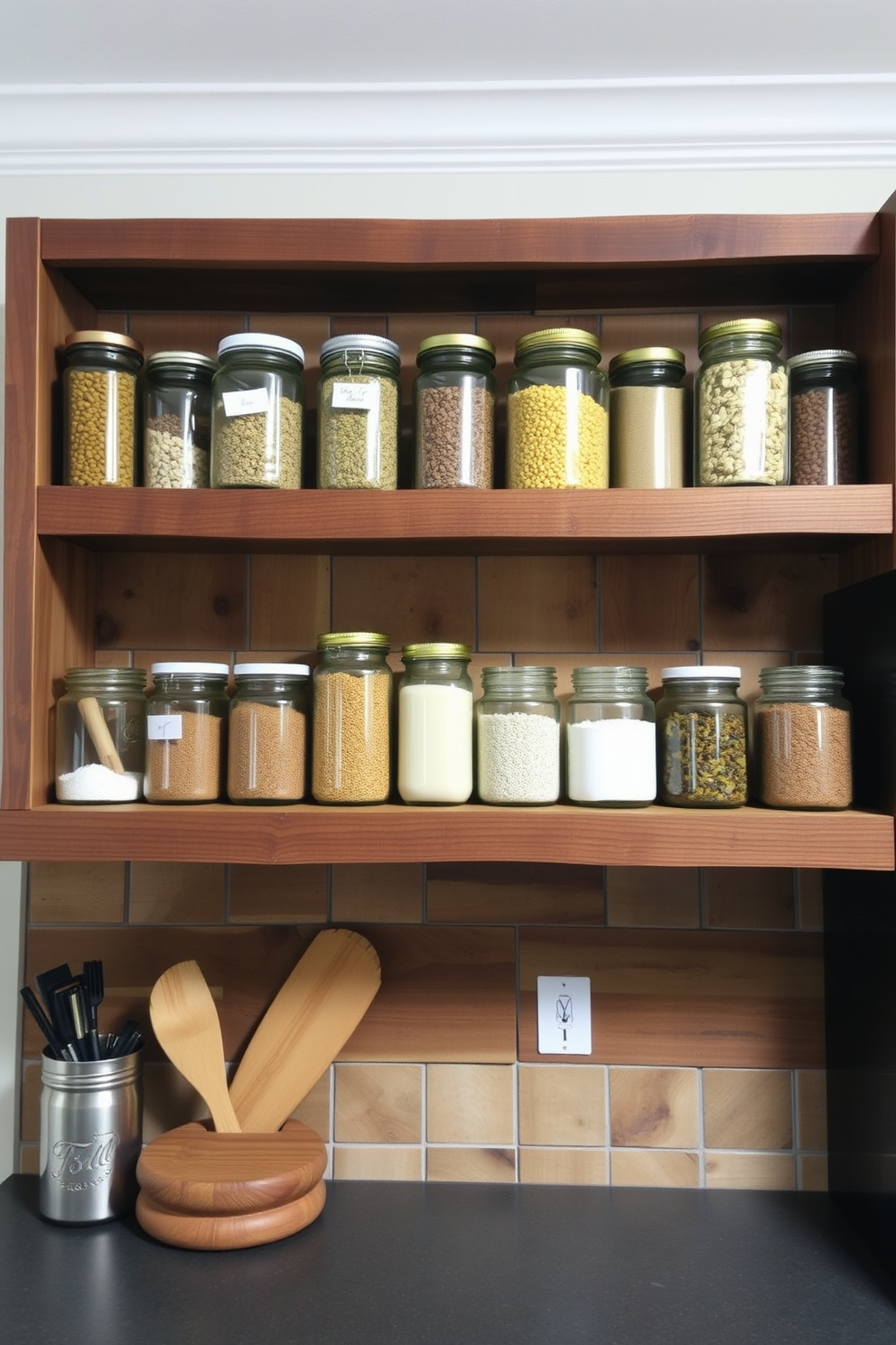 A rustic kitchen setting featuring open shelving made of reclaimed wood. Glass jars filled with various pantry items line the shelves, showcasing colorful grains and spices.