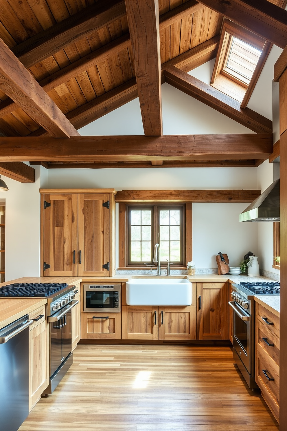 A rustic kitchen featuring reclaimed wood beams overhead and a large farmhouse sink. The cabinetry is a blend of modern sleekness with distressed wood finishes, complemented by stainless steel appliances.