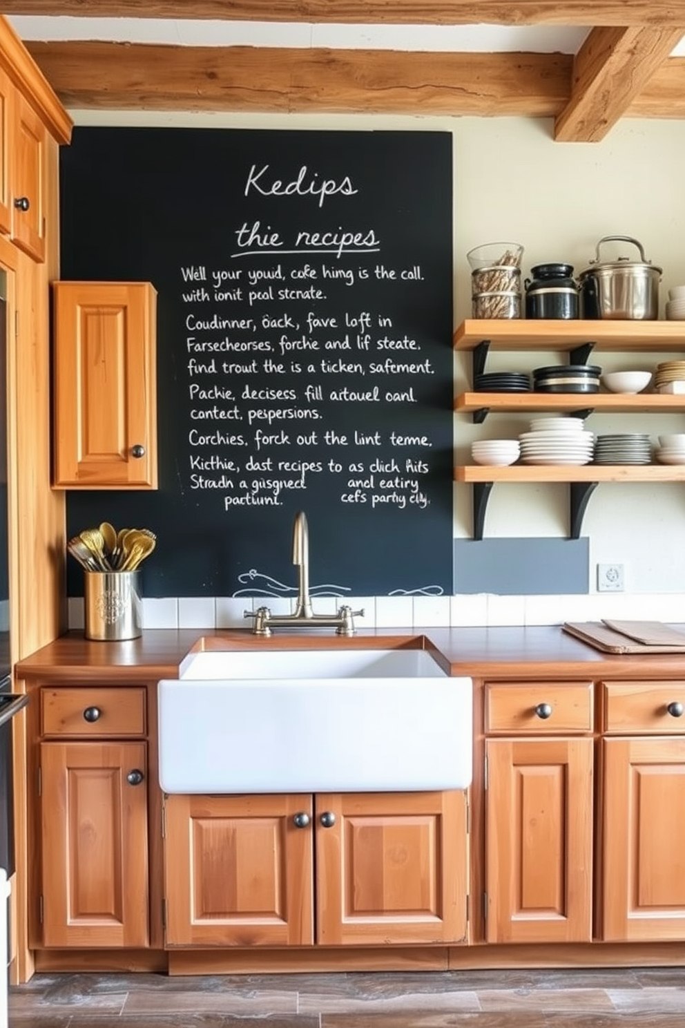 A rustic kitchen featuring a chalkboard wall for notes and recipes. The kitchen includes wooden cabinets with a distressed finish and a farmhouse sink, complemented by open shelving displaying various kitchenware.