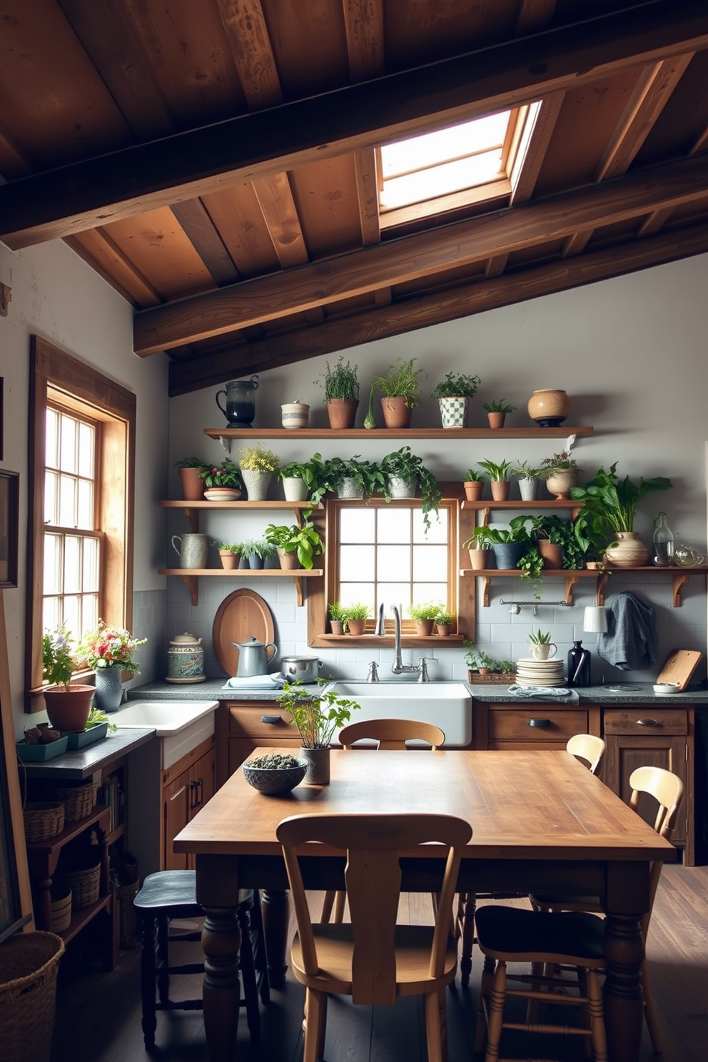 A rustic kitchen filled with warmth and charm. Exposed wooden beams stretch across the ceiling, while a large farmhouse sink sits beneath a window that lets in natural light. The kitchen features open shelving made of reclaimed wood, displaying an array of potted herbs and plants. A wooden dining table with mismatched chairs invites family gatherings, surrounded by vintage kitchenware and rustic decor.