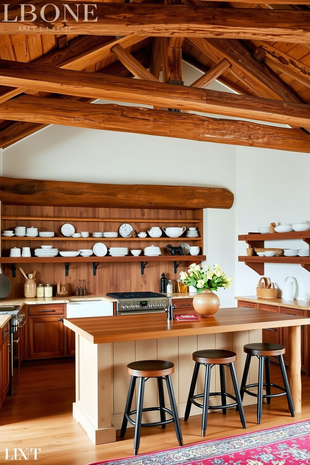 A rustic kitchen design featuring wooden beams that frame the ceiling and enhance the cozy atmosphere. The space includes a large farmhouse sink, a wooden island with bar stools, and open shelving displaying rustic dishware.