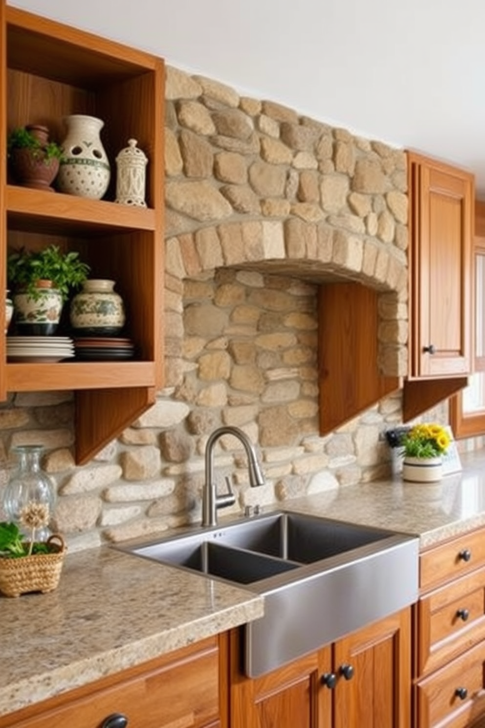 Open shelving displays an array of rustic decor items including vintage jars and handmade pottery. The warm wooden shelves are complemented by a backdrop of exposed brick, creating an inviting and cozy kitchen atmosphere.