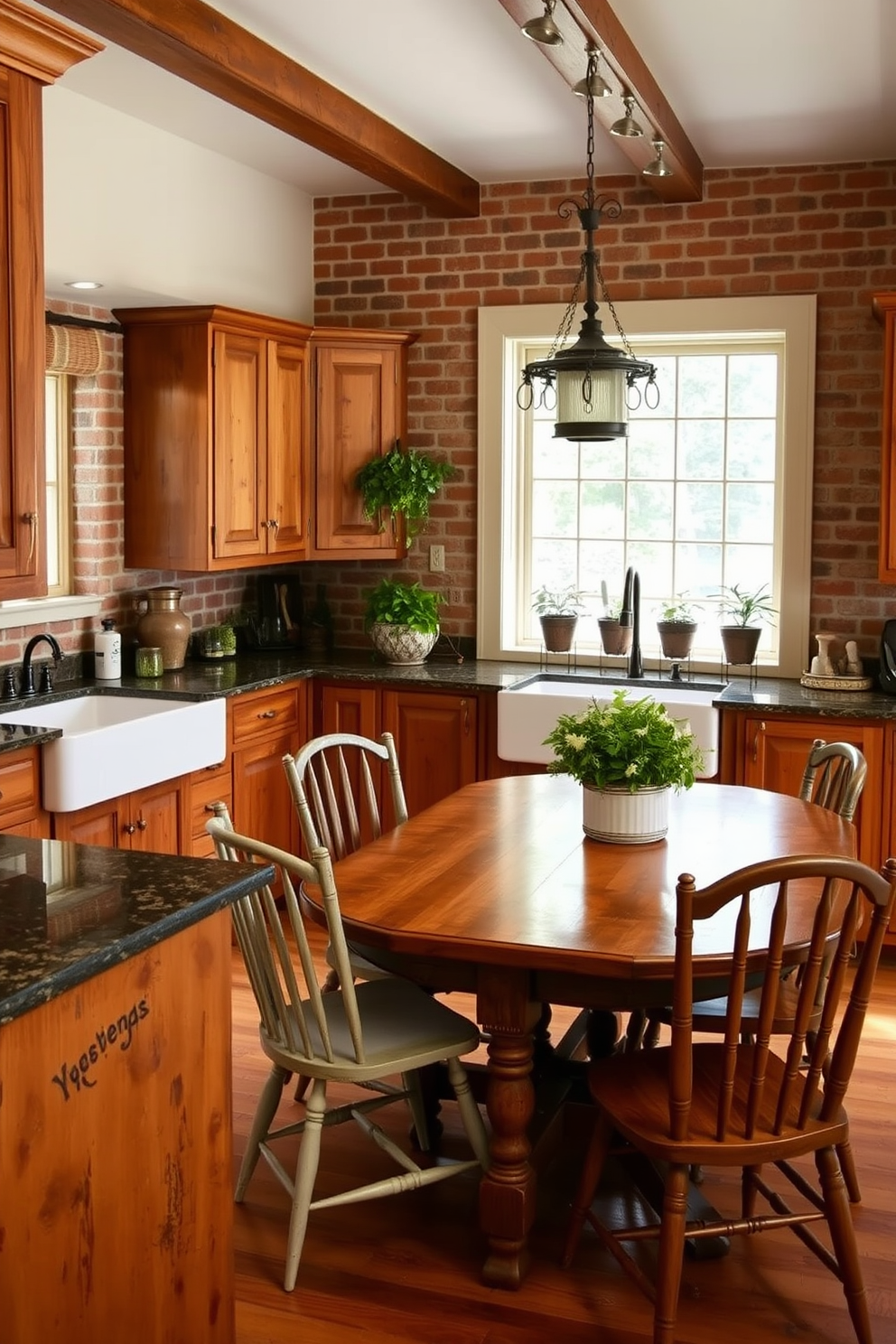 A rustic kitchen design featuring warm wood cabinets with a distressed finish. The countertops are a rich, dark granite complemented by a farmhouse sink and vintage-style fixtures. The walls are adorned with exposed brick and warm, earthy tones that enhance the cozy feel. A large wooden dining table sits in the center, surrounded by mismatched chairs and a collection of potted herbs on the windowsill.