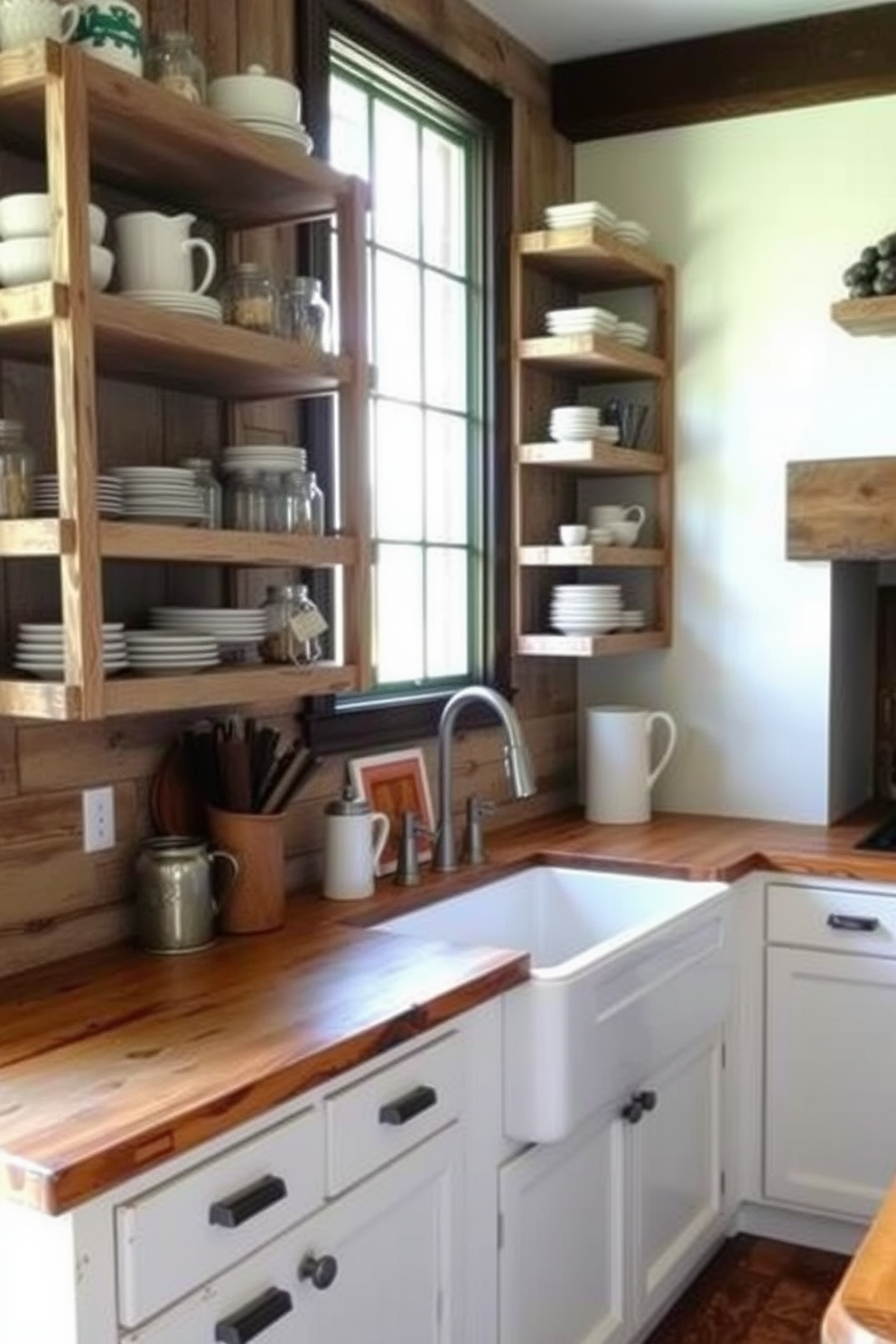 Open shelving made of distressed wood creates a warm and inviting atmosphere in the kitchen. The shelves are filled with an assortment of vintage dishware and mason jars, adding character and charm to the rustic design. A large farmhouse sink sits beneath a window, allowing natural light to flood the space. The countertops are a mix of reclaimed wood and stone, providing a perfect balance of texture and functionality.