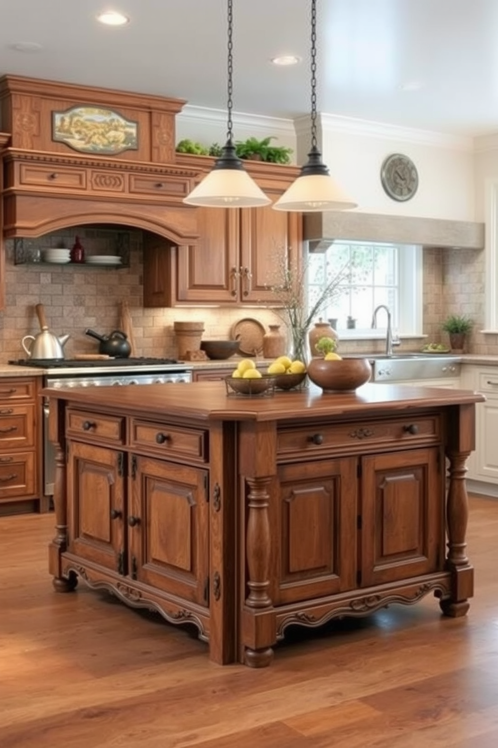 A rustic kitchen featuring distressed cabinets with antique hardware. The warm wooden beams across the ceiling complement the farmhouse sink and vintage-style appliances.